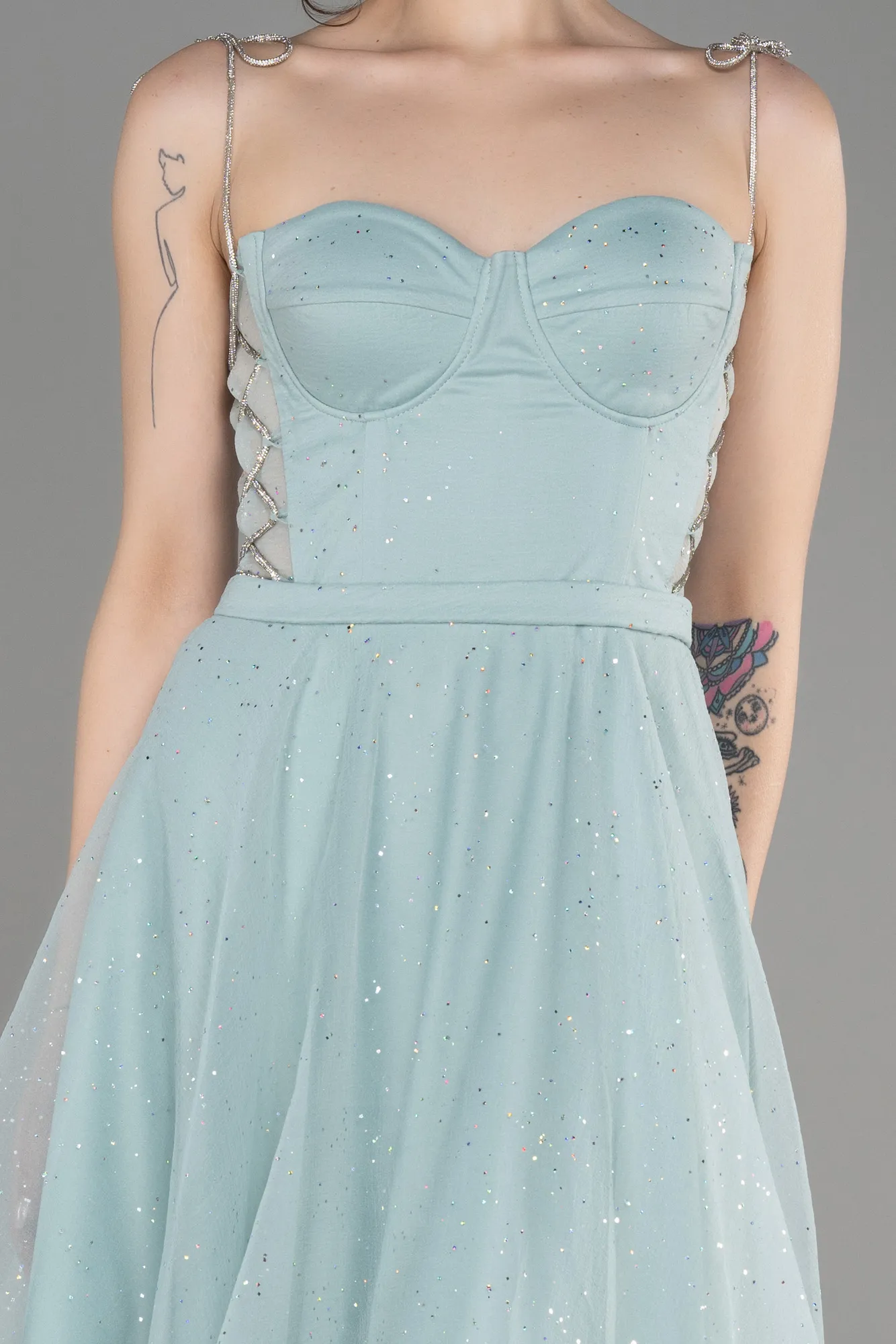 Mint-Strapless Midi Glittery Cocktail Dress ABK2032