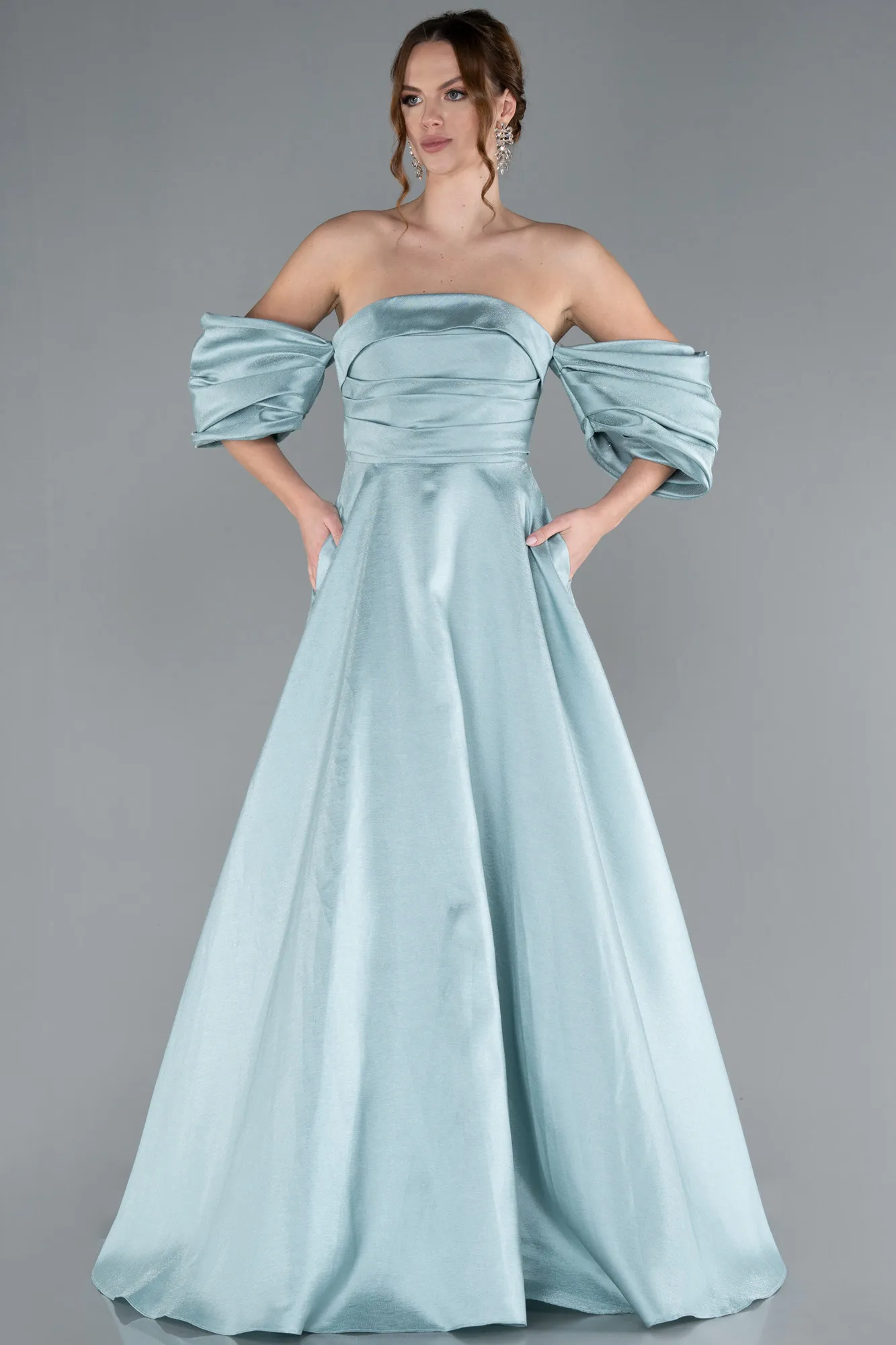 Mint-Strapless Puff Sleeves Long Taffeta Prom Dress ABU4783