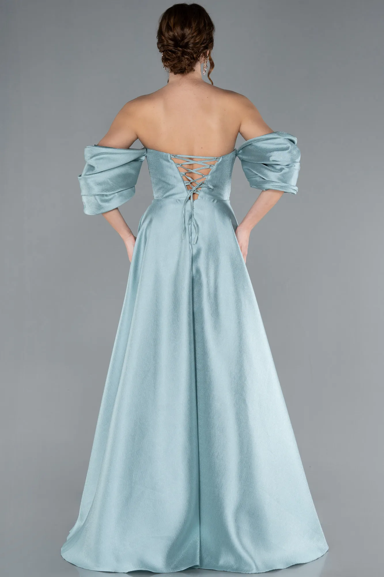 Mint-Strapless Puff Sleeves Long Taffeta Prom Dress ABU4783