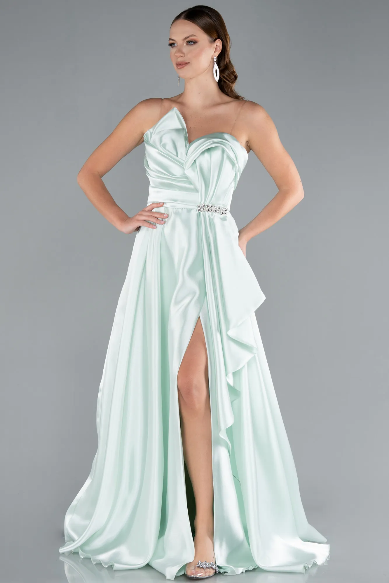 Mint-Strapless Slit Long Satin Prom Gown ABU4522