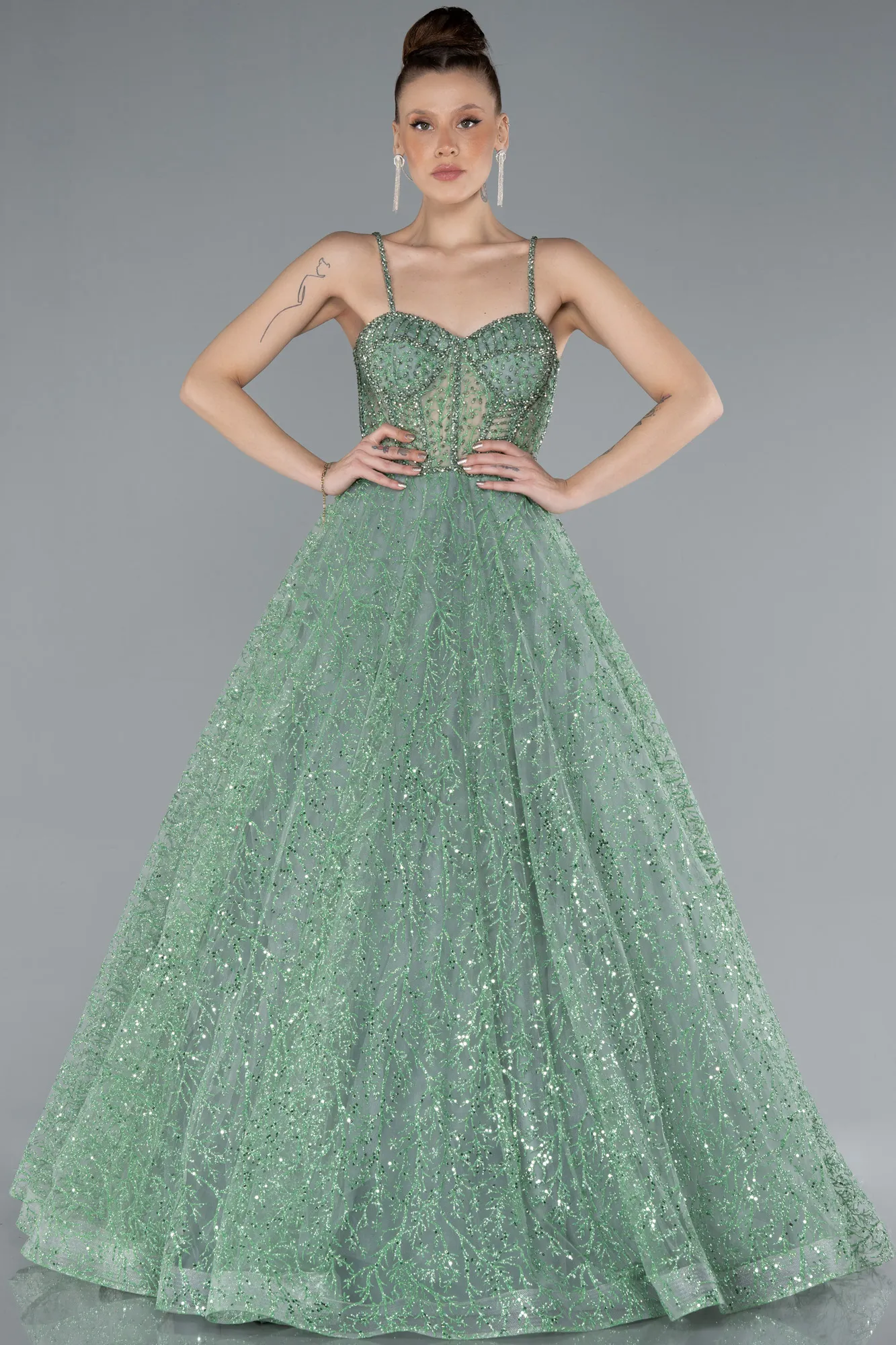 Mint-Strappy Glitter Long Ball Gown ABU3839