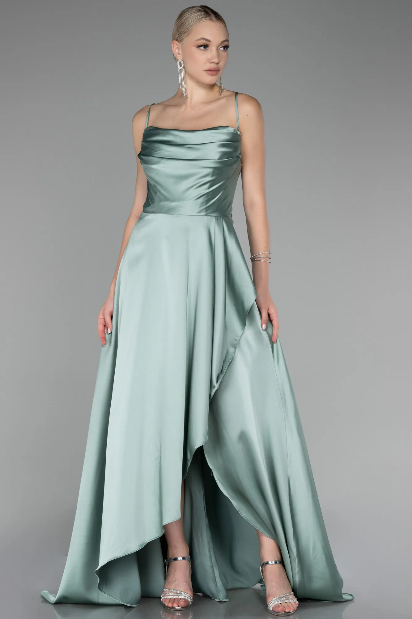 Mint-Strappy Long Satin Prom Gown ABU4073
