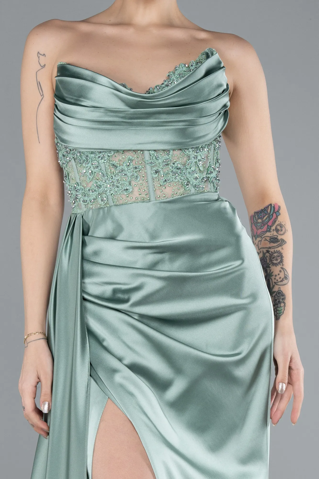 Mint-Transparent Top Strapless Slit Long Satin Evening Gown ABU5526