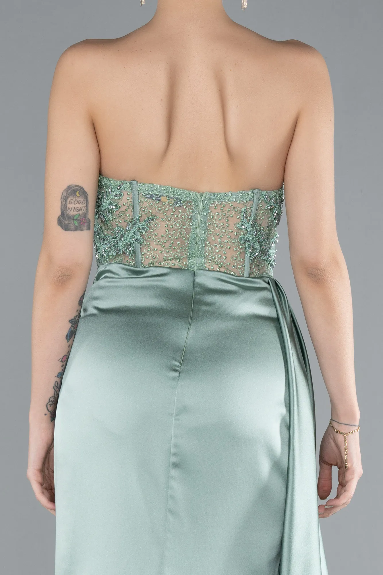 Mint-Transparent Top Strapless Slit Long Satin Evening Gown ABU5526