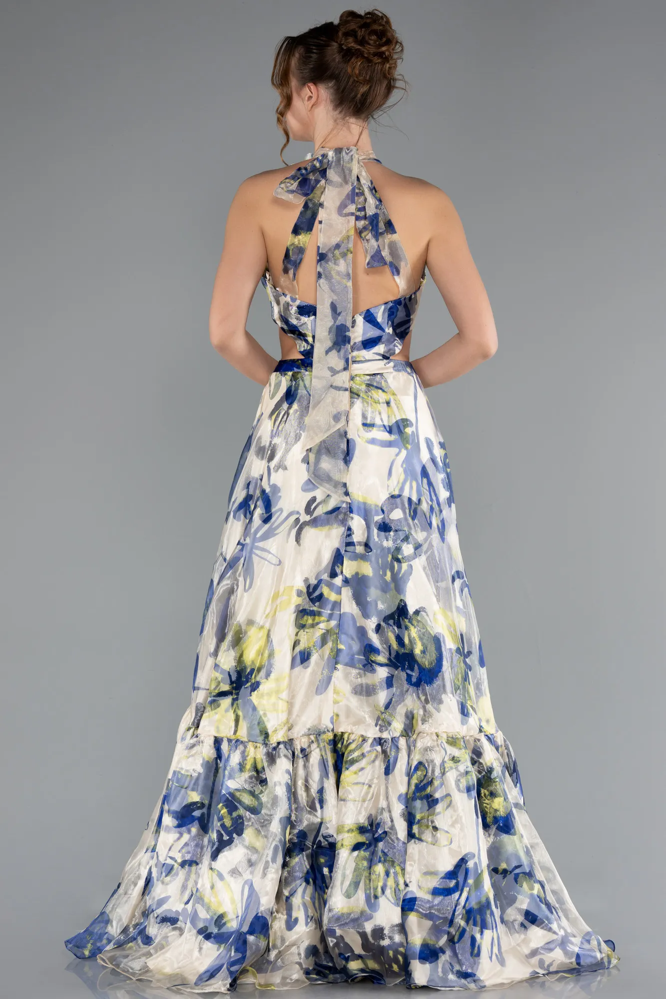 Multicolored-Halter Neck Cut Out Long Printed Satin Evening Gown ABU4686