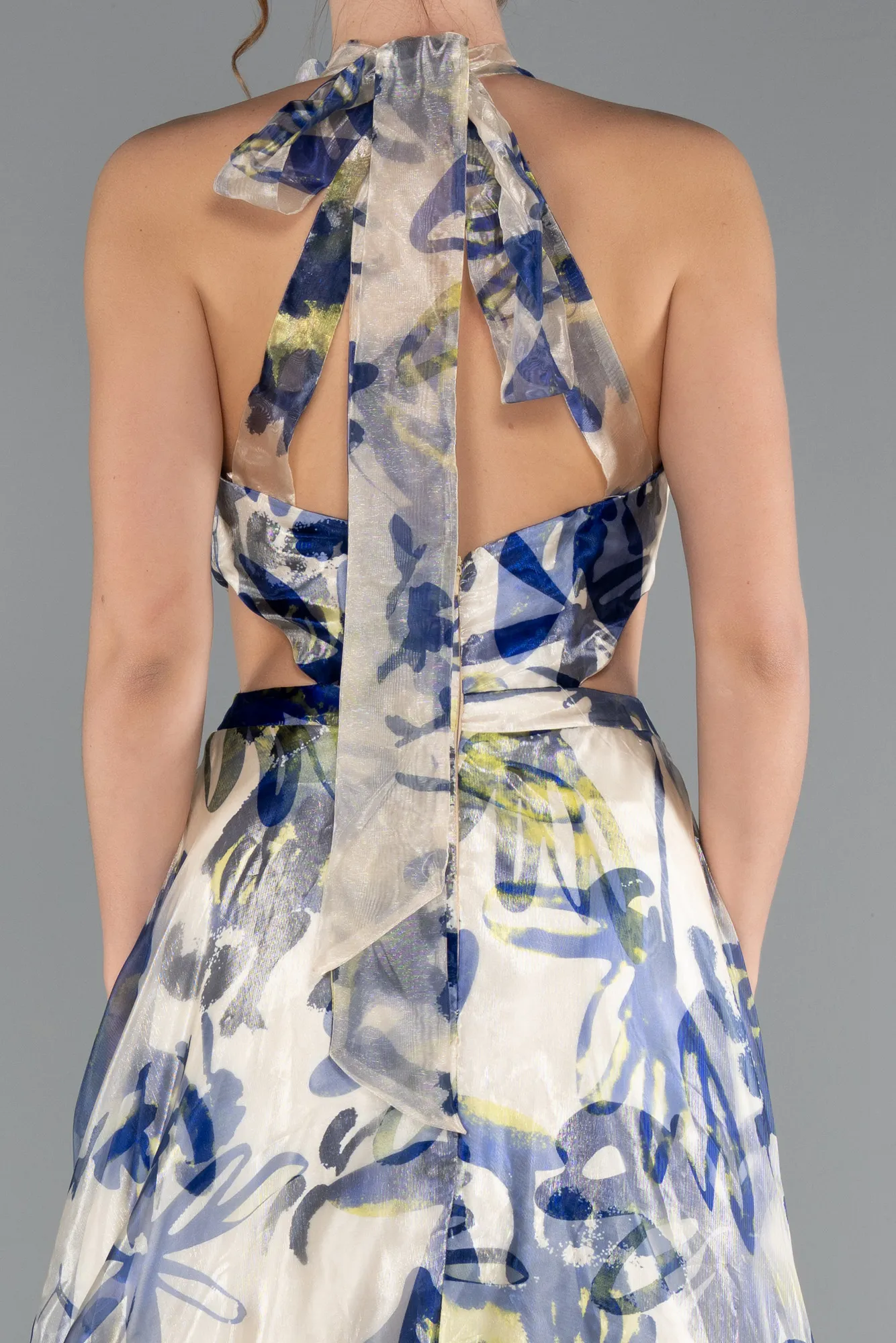 Multicolored-Halter Neck Cut Out Long Printed Satin Evening Gown ABU4686