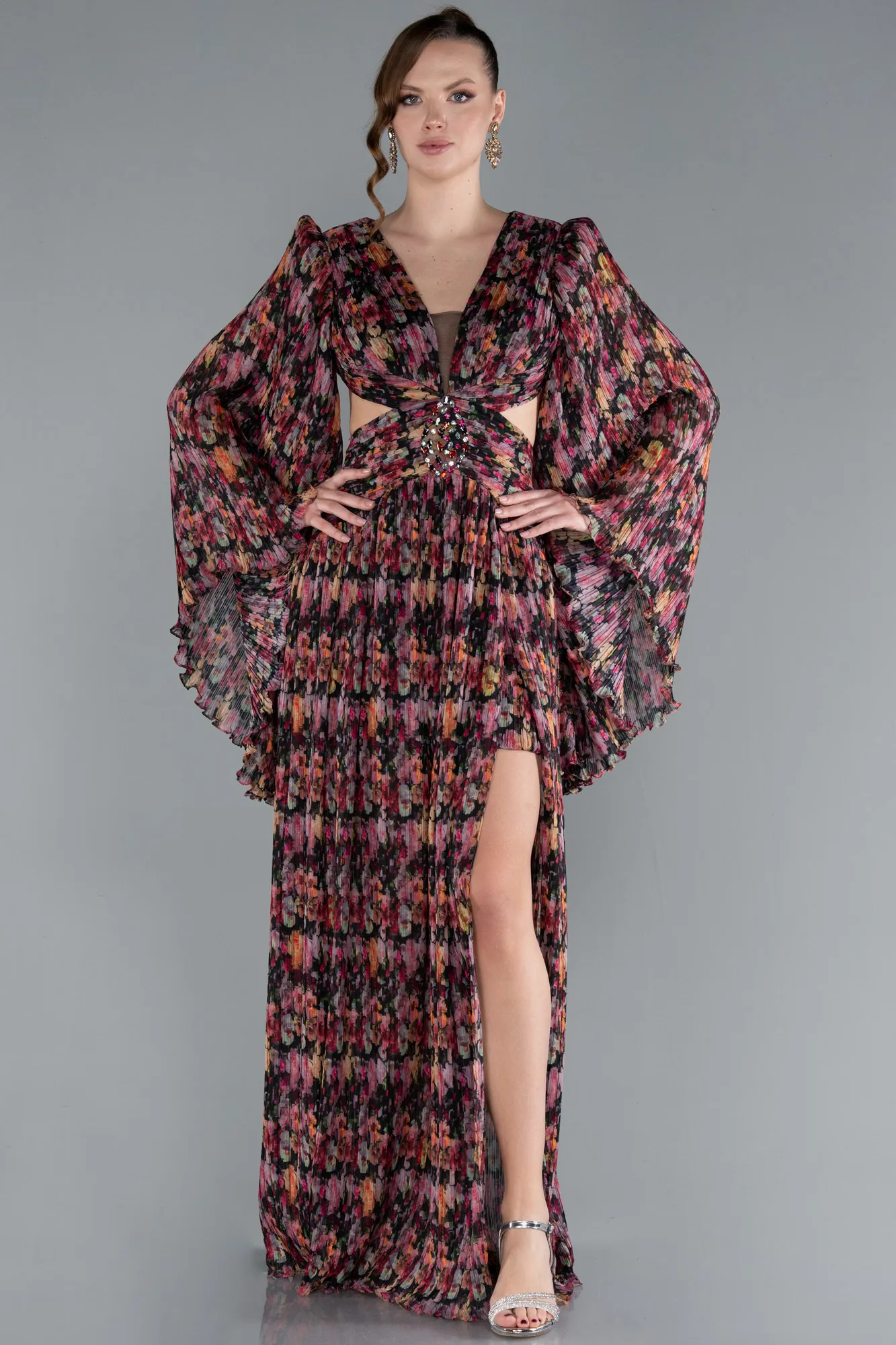 Multicolored-Slit Long Sleeve Cut Out Printed Prom Dress ABU4700