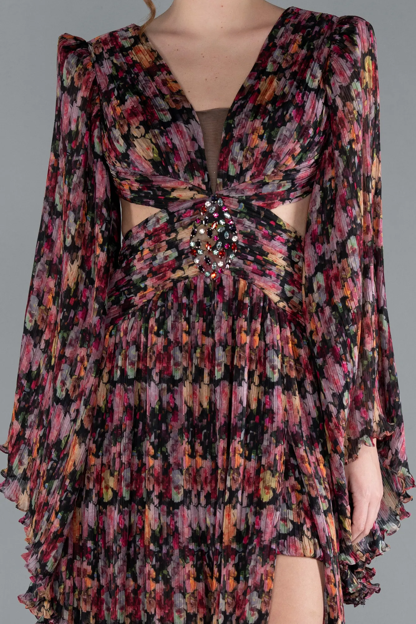 Multicolored-Slit Long Sleeve Cut Out Printed Prom Dress ABU4700