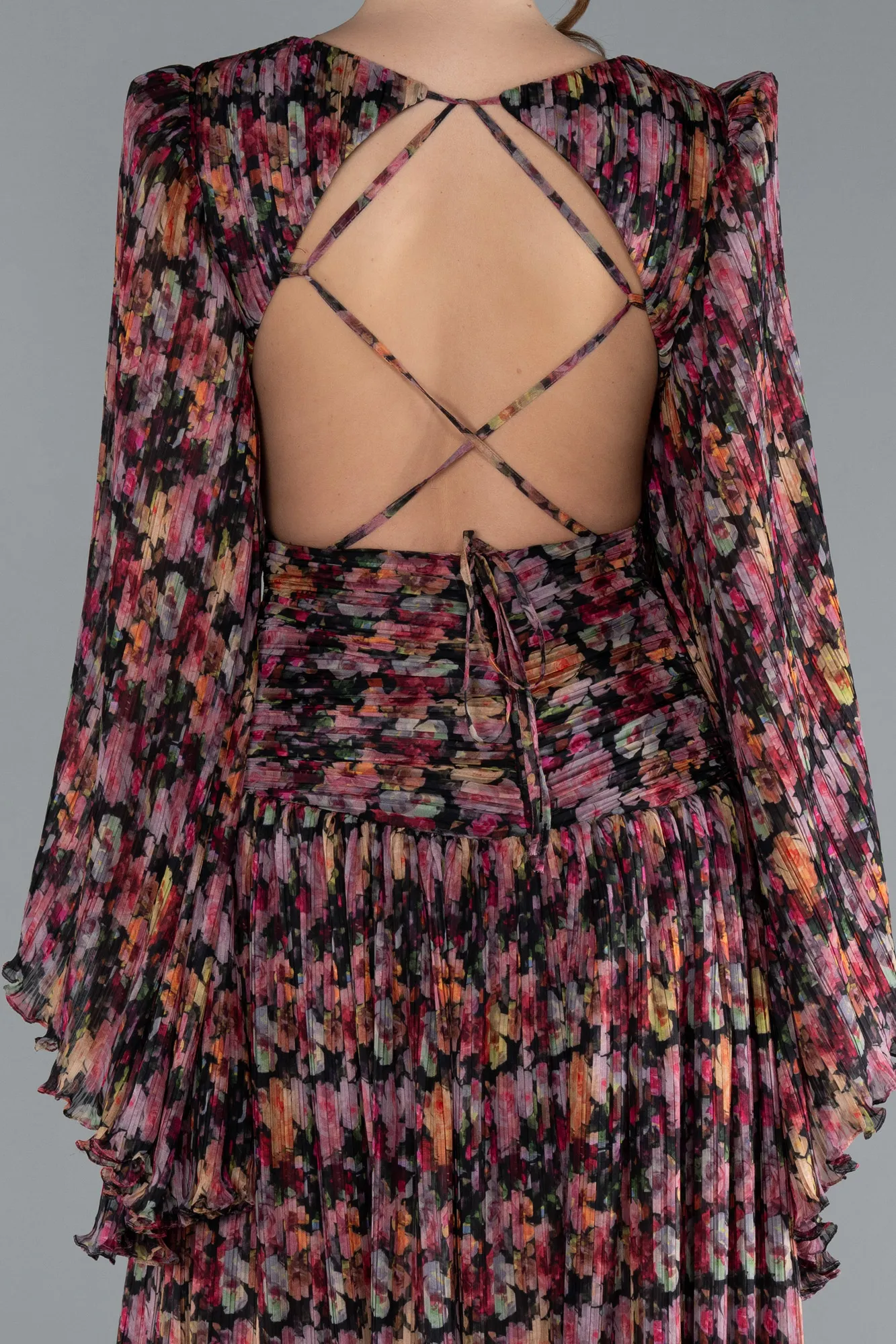 Multicolored-Slit Long Sleeve Cut Out Printed Prom Dress ABU4700