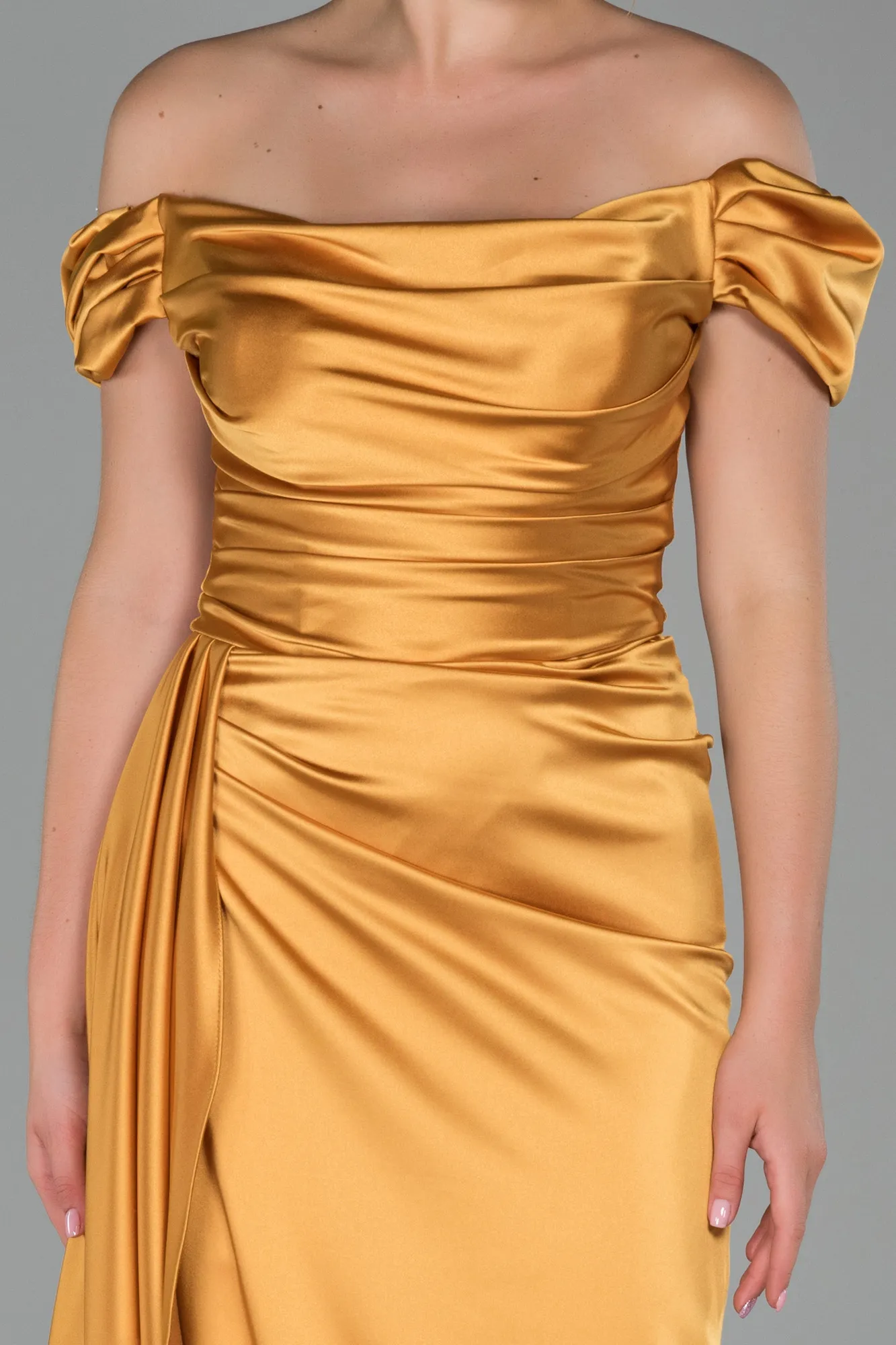 Mustard-Long Satin Engagement Dress ABU1606