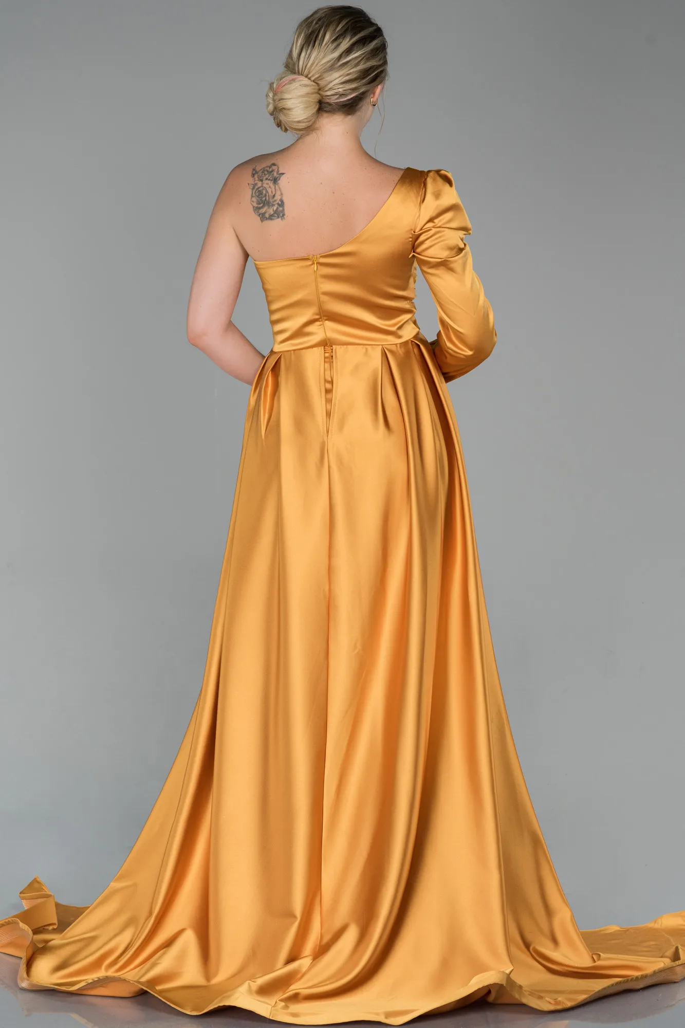 Mustard-Long Satin Evening Dress ABU1715