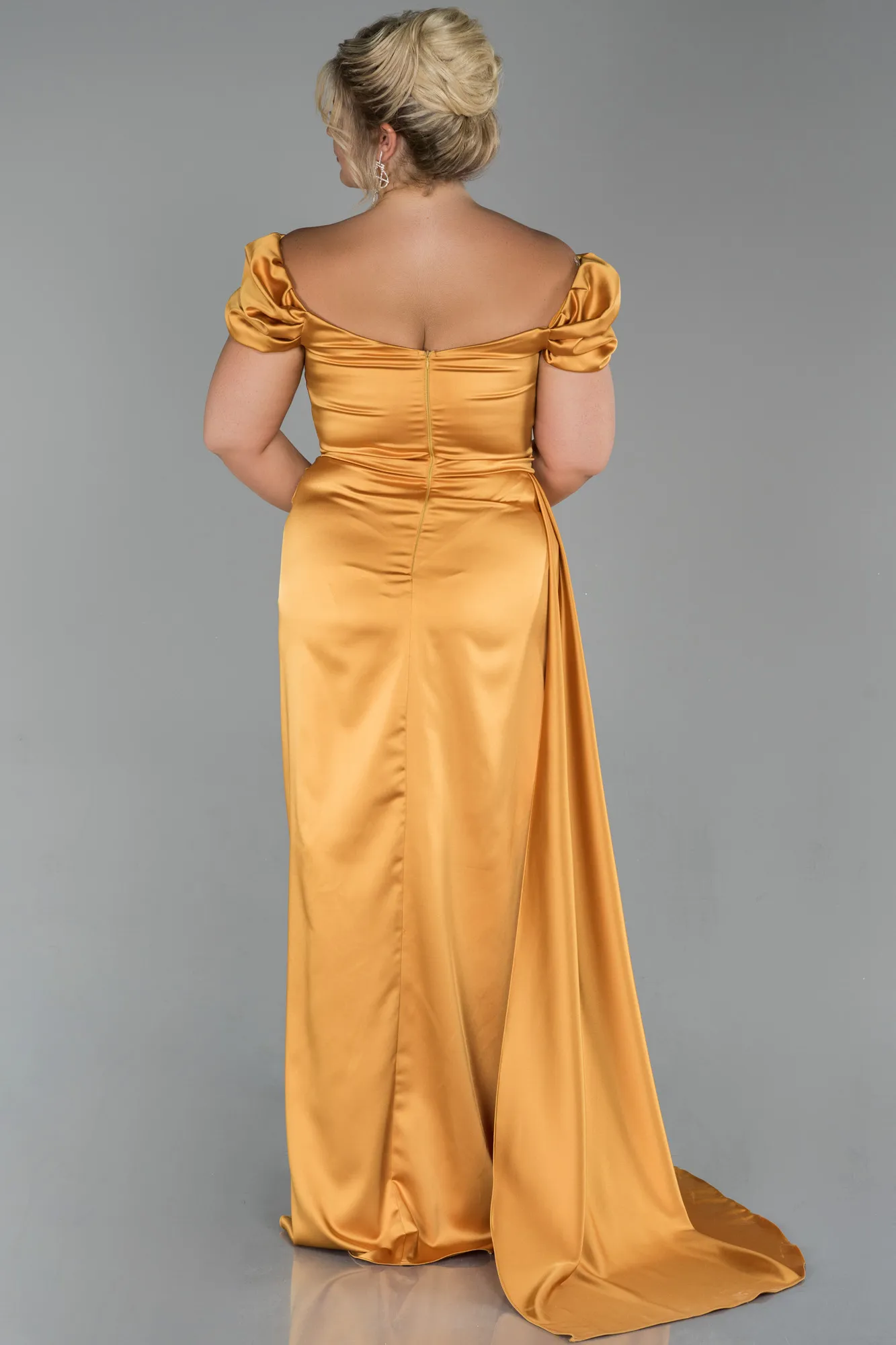 Mustard-Long Satin Plus Size Evening Dress ABU1626