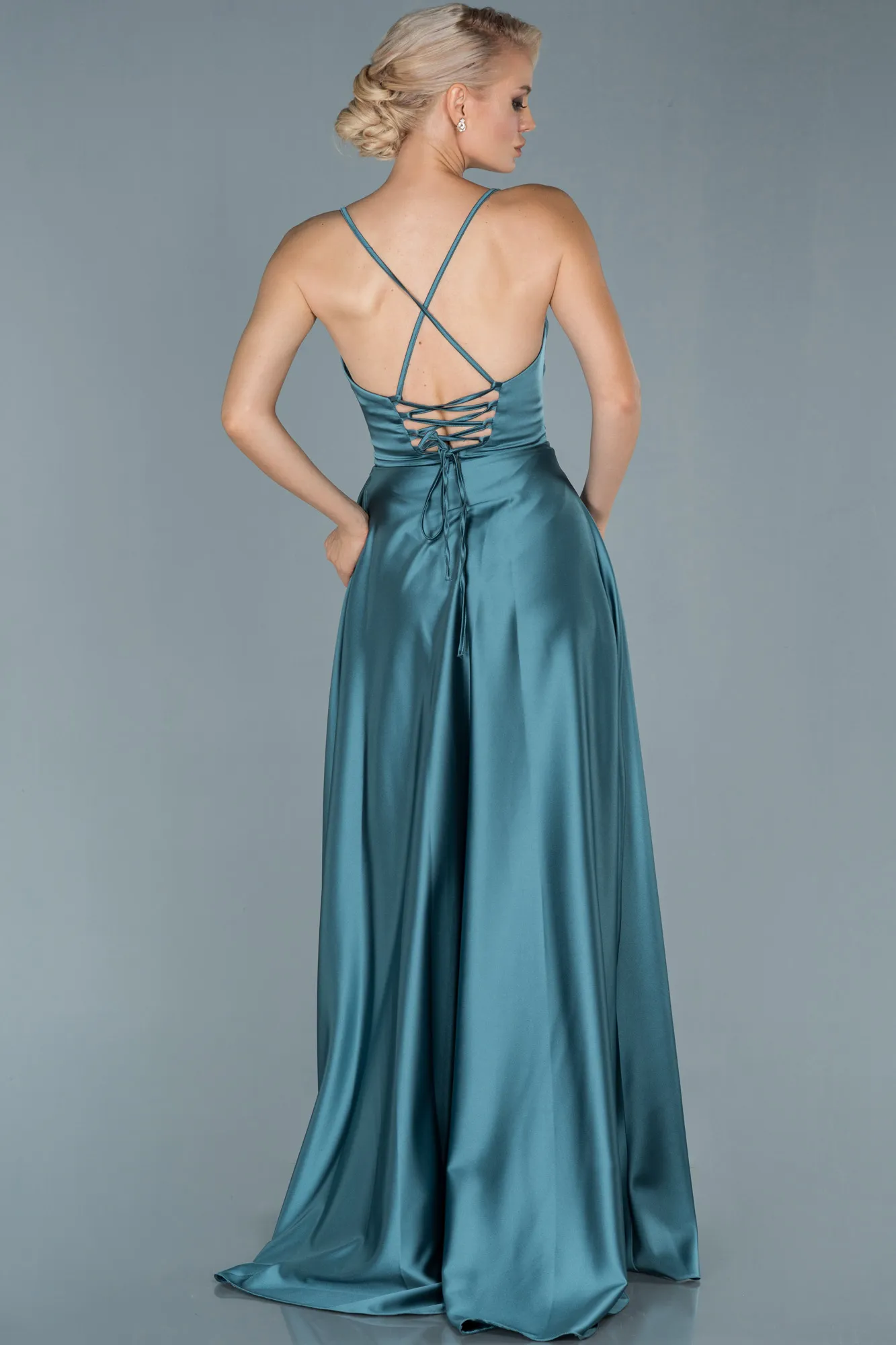 Musty Green-Long Satin Evening Dress ABU1843