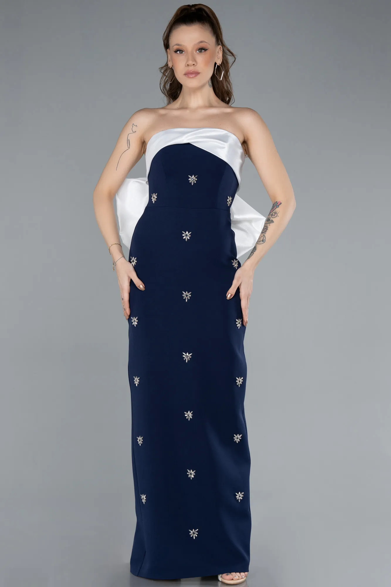 Navy Blue-Ecru-Long Evening Dress ABU4716