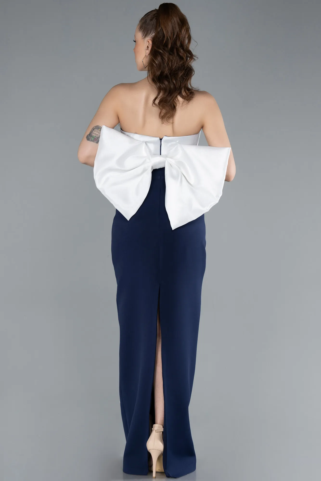 Navy Blue-Ecru-Long Evening Dress ABU4716