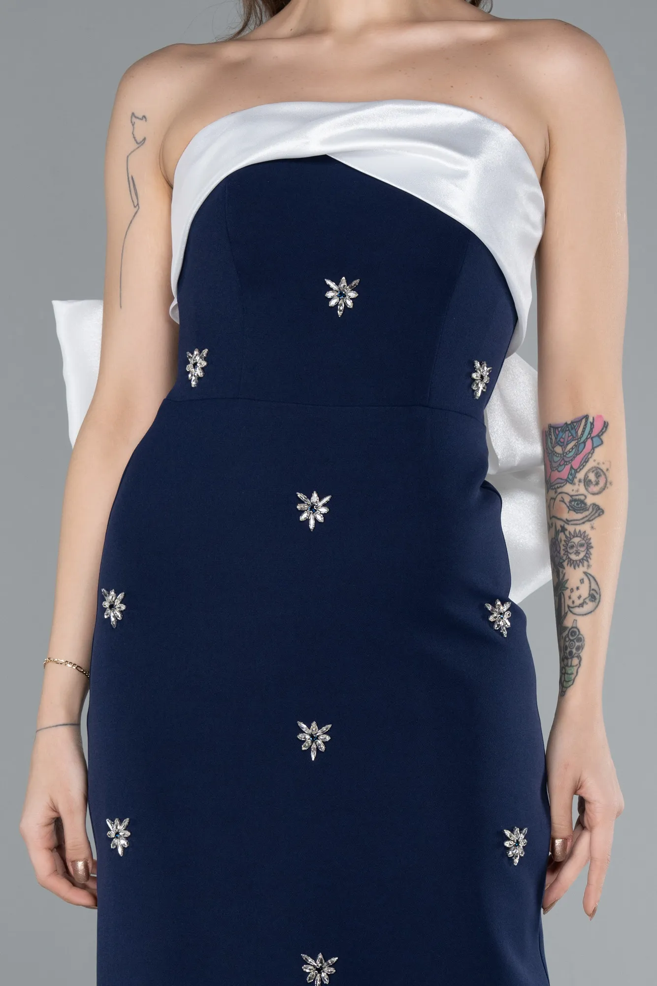 Navy Blue-Ecru-Long Evening Dress ABU4716