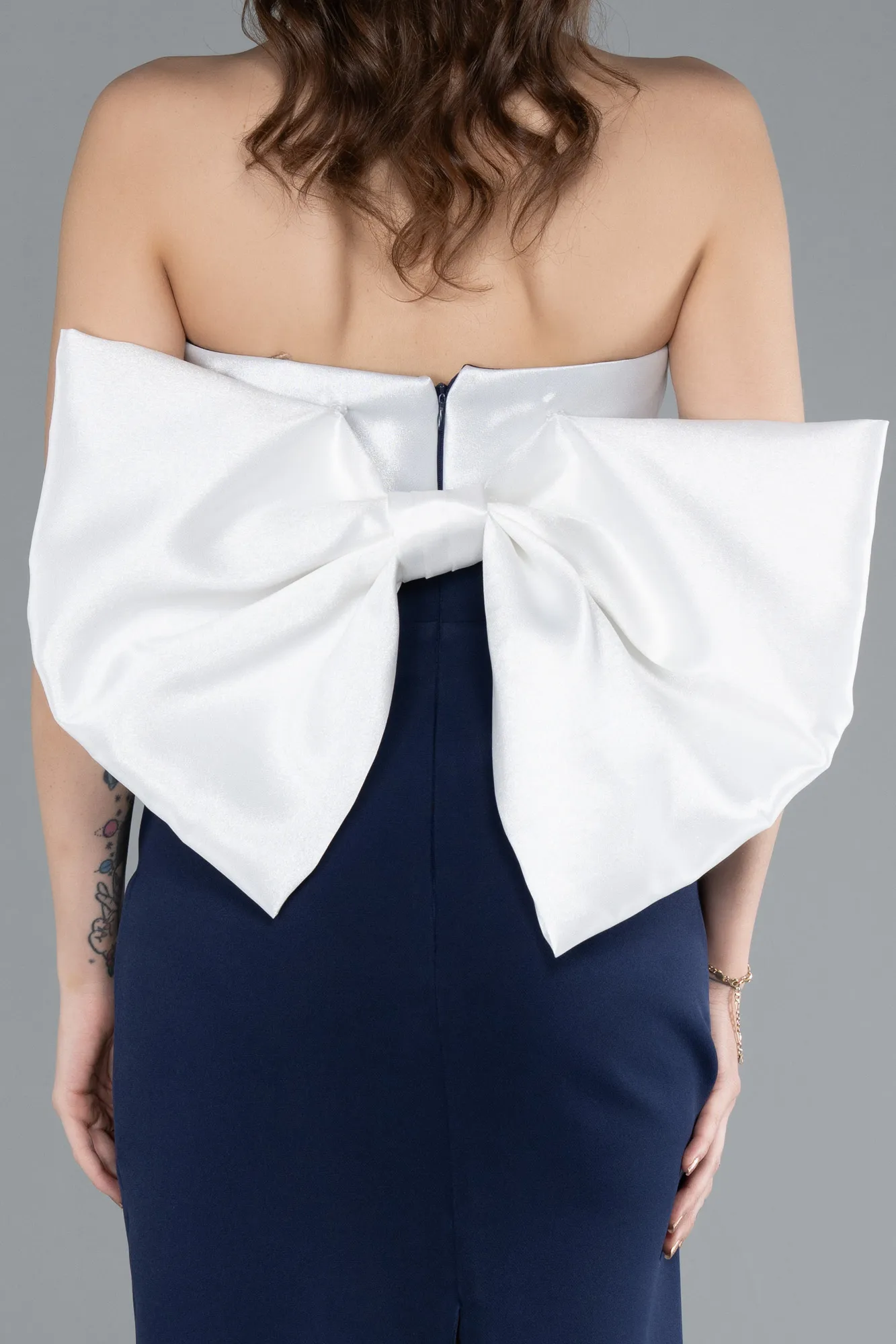 Navy Blue-Ecru-Long Evening Dress ABU4716