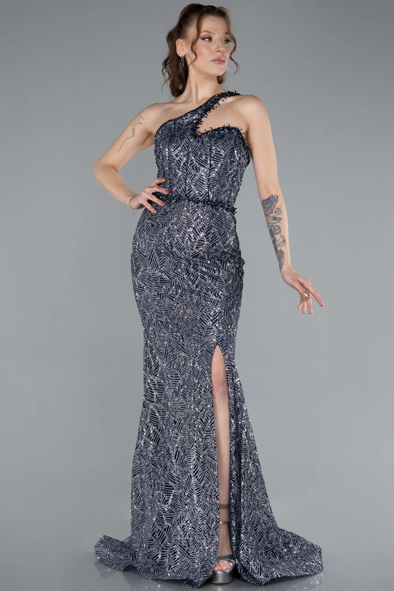 Navy Blue-Silver-One Shoulder Slit Long Glitter Mermaid Evening Gown ABU4697