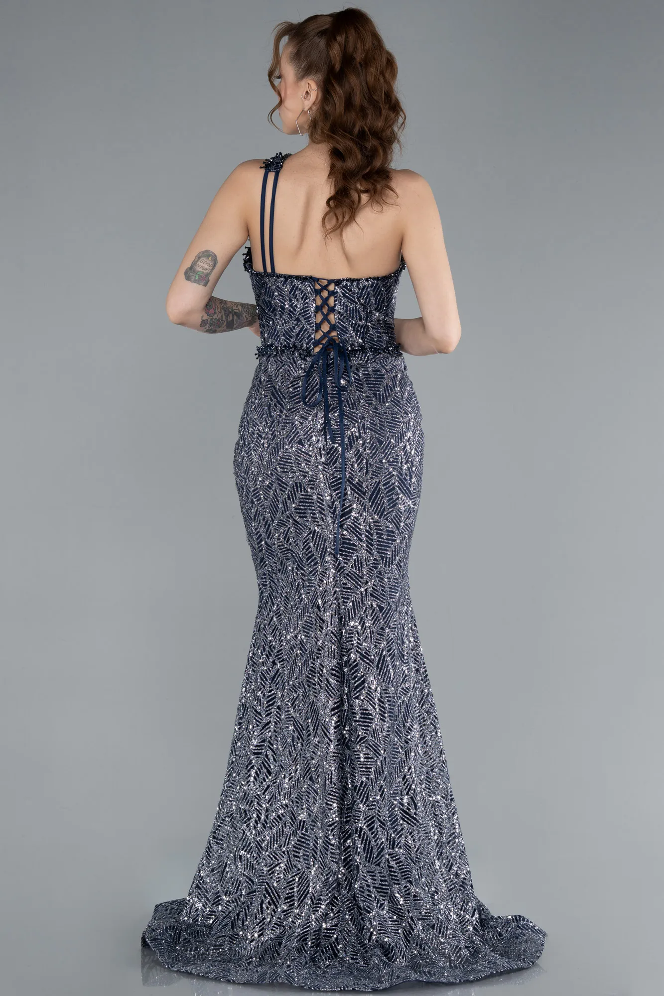 Navy Blue-Silver-One Shoulder Slit Long Glitter Mermaid Evening Gown ABU4697