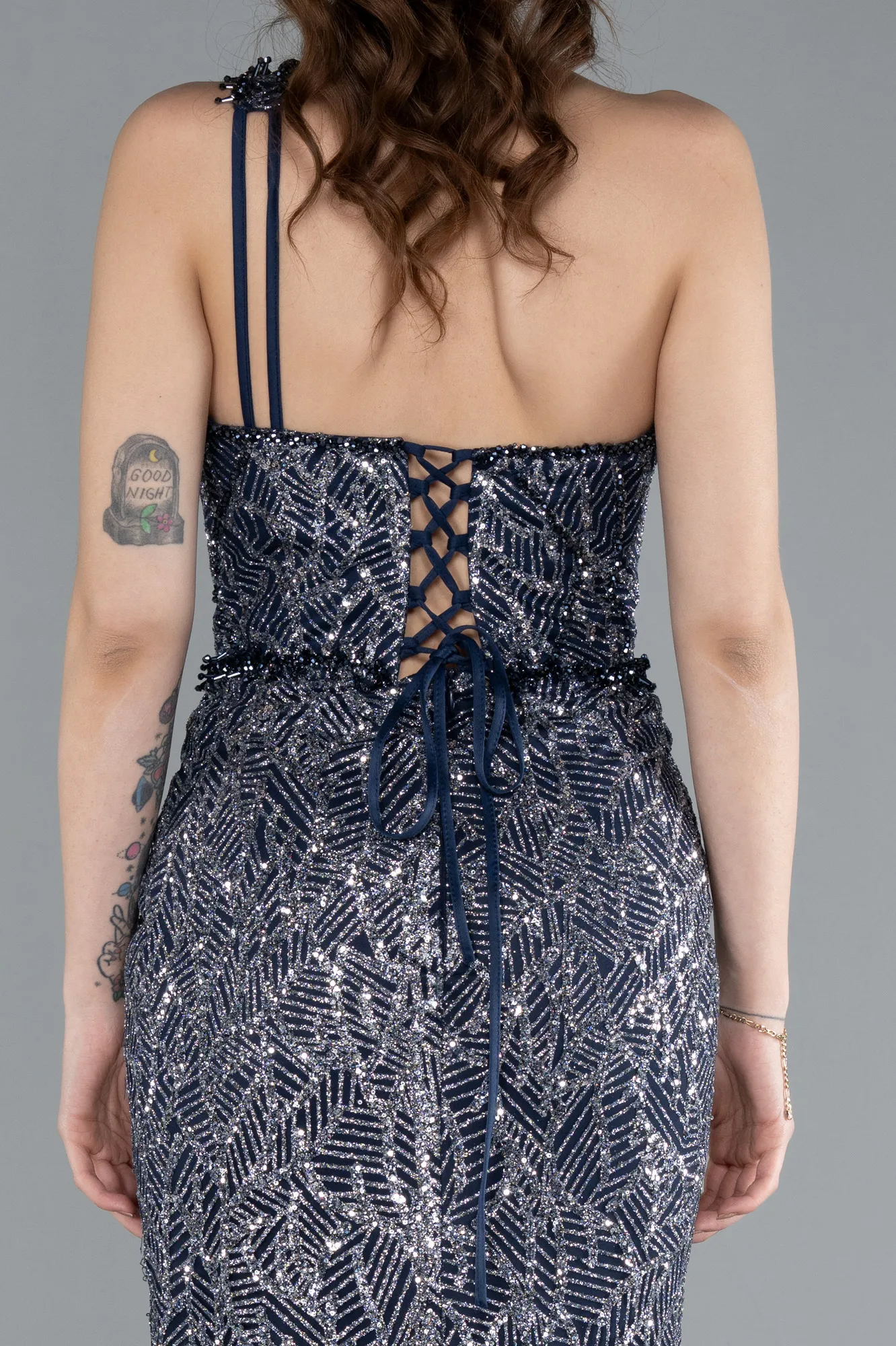 Navy Blue-Silver-One Shoulder Slit Long Glitter Mermaid Evening Gown ABU4697