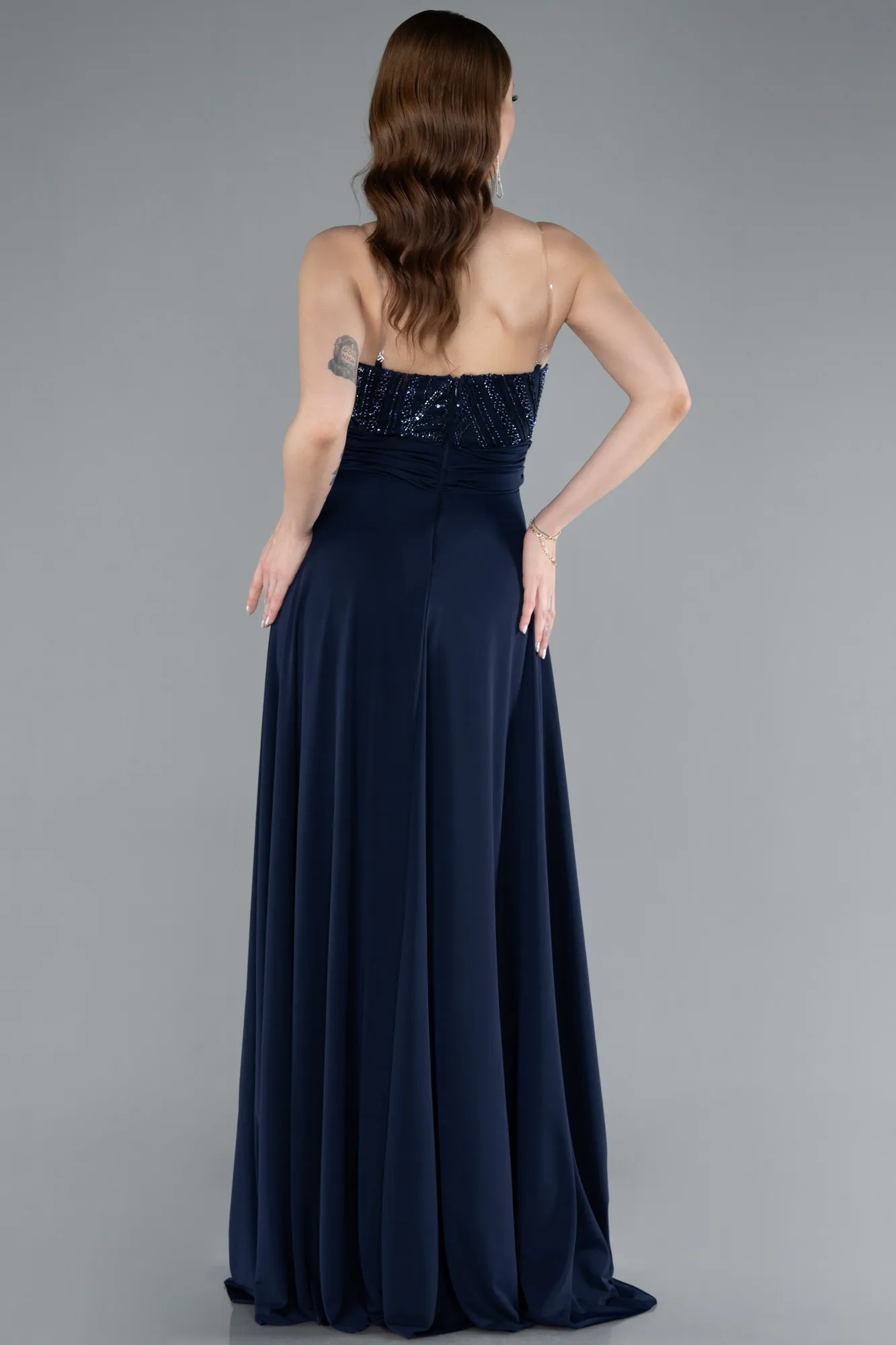 Navy Blue-Asymmetrical Sequined Long Chiffon Evening Dress ABU4870
