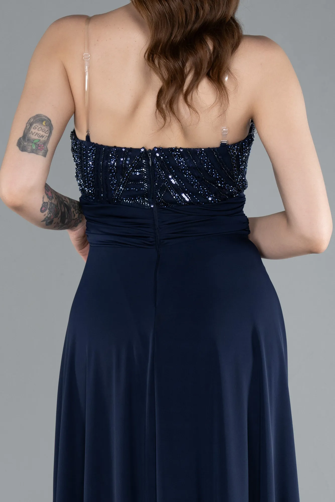 Navy Blue-Asymmetrical Sequined Long Chiffon Evening Dress ABU4870