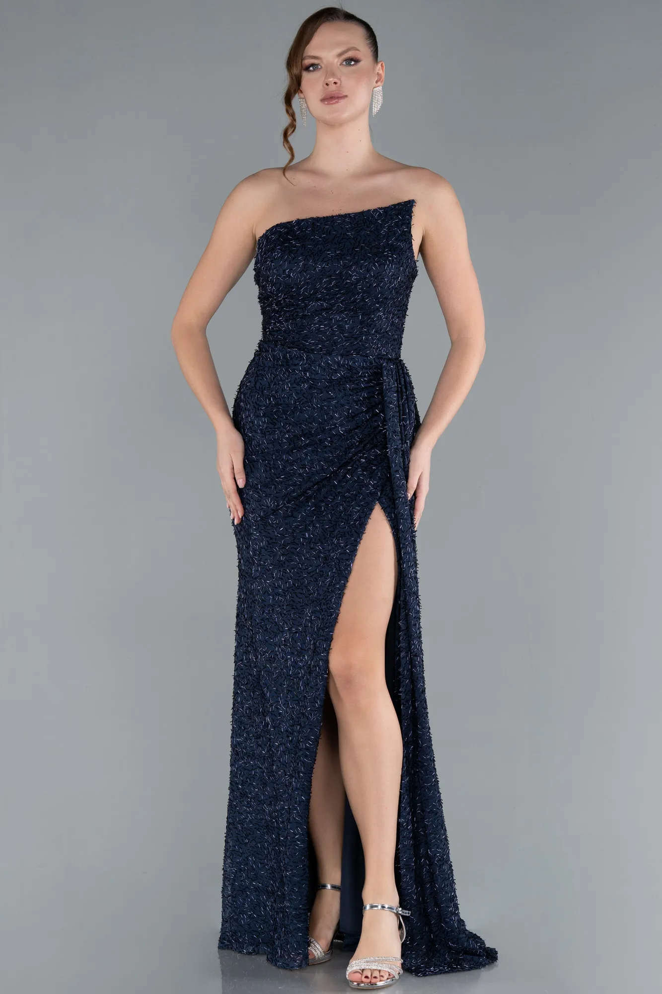 Navy Blue-Asymmetrical Strapless Slit Long Beaded Evening Gown ABU4744