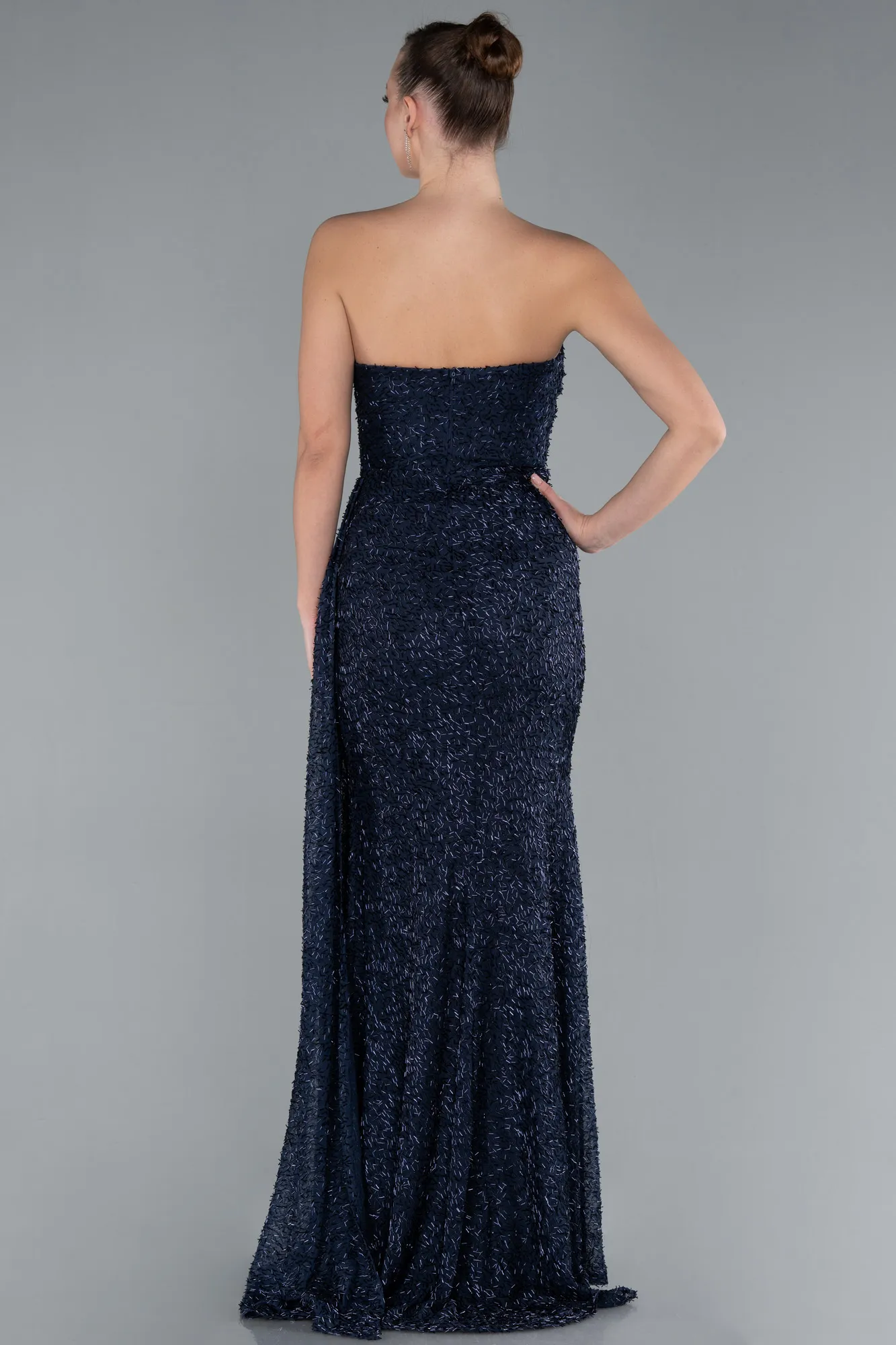 Navy Blue-Asymmetrical Strapless Slit Long Beaded Evening Gown ABU4744