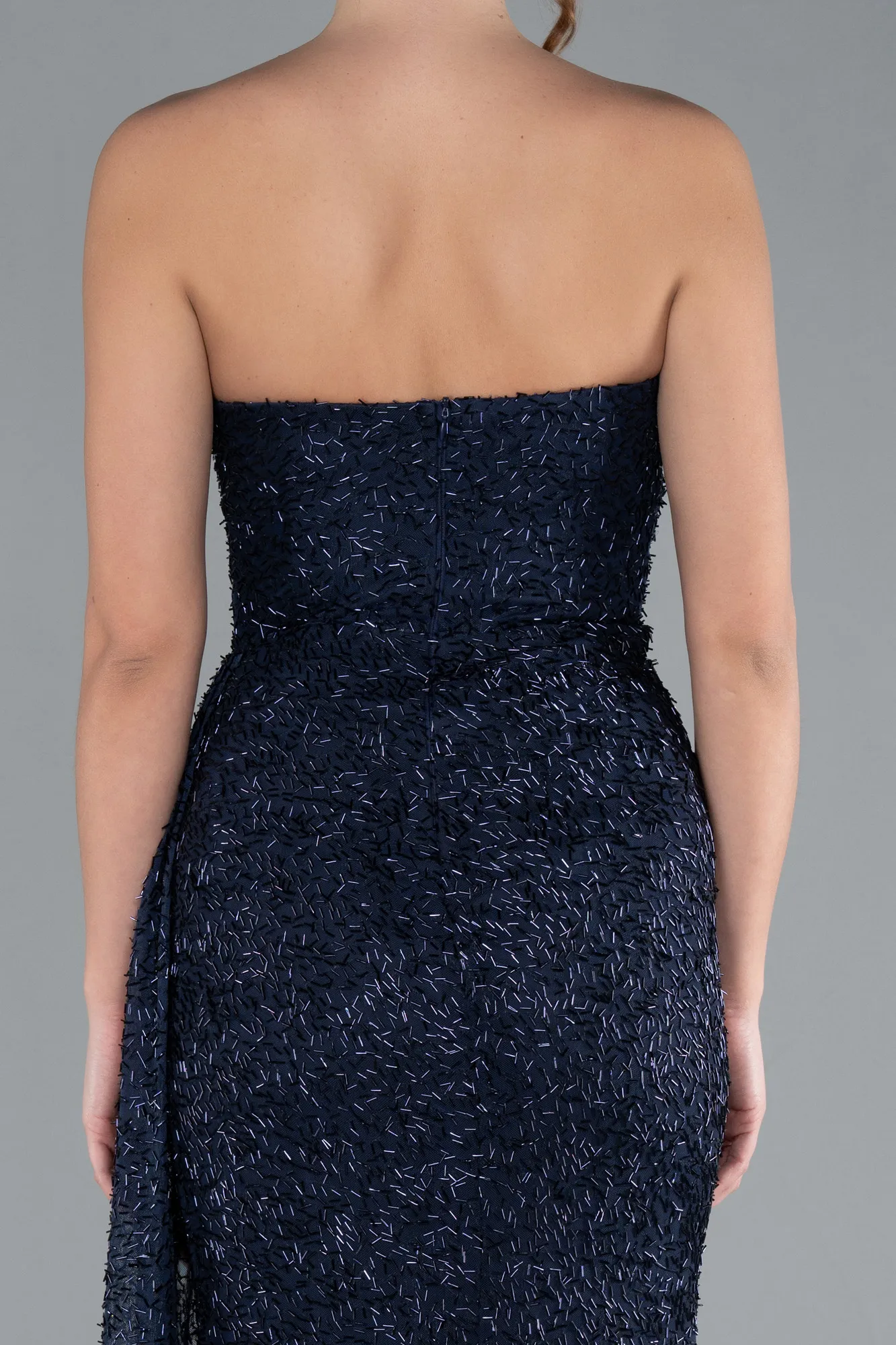 Navy Blue-Asymmetrical Strapless Slit Long Beaded Evening Gown ABU4744