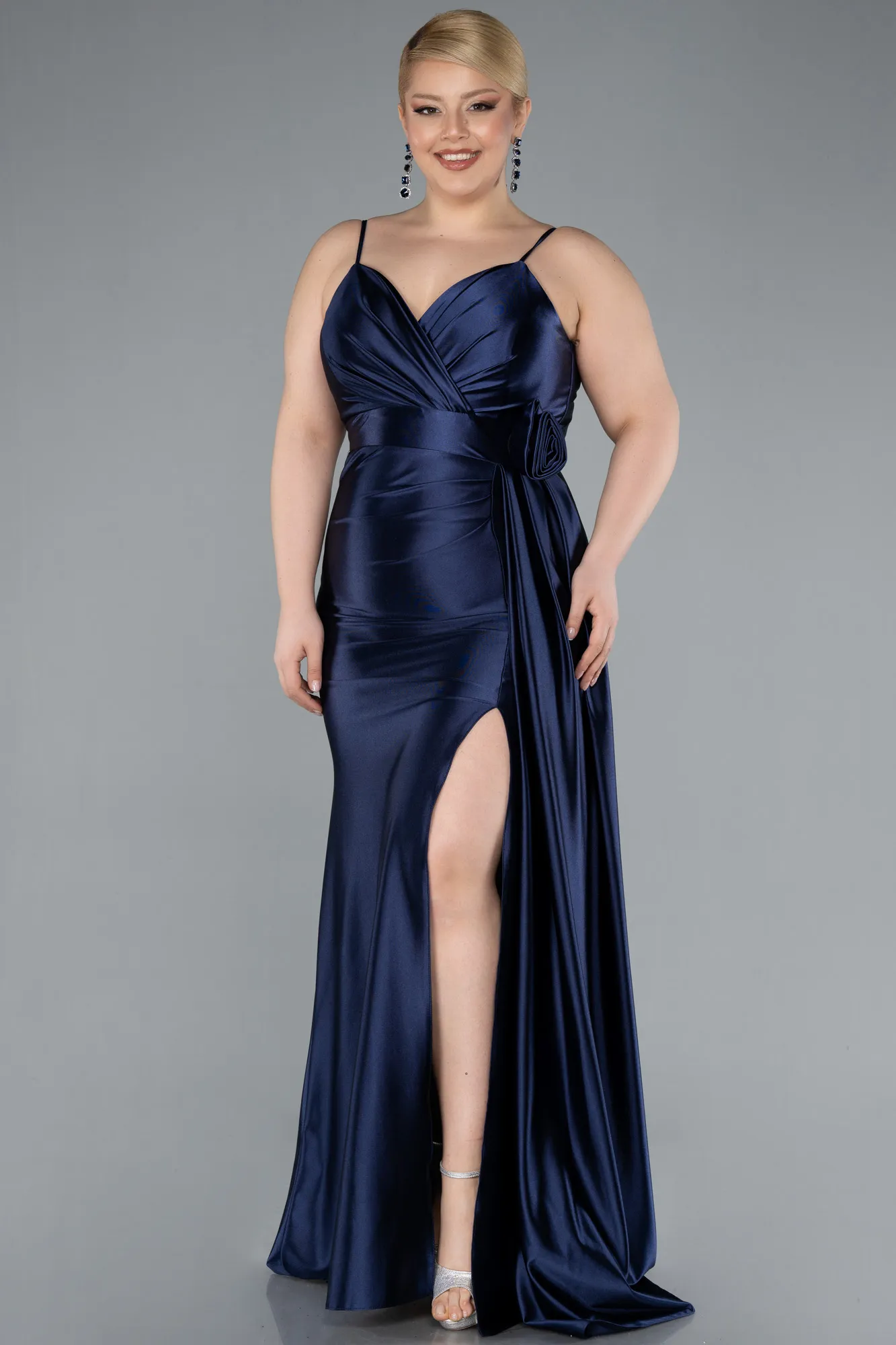 Navy Blue-Back And Leg Cleavage Long Satin Plus Size Prom Gown ABU4815
