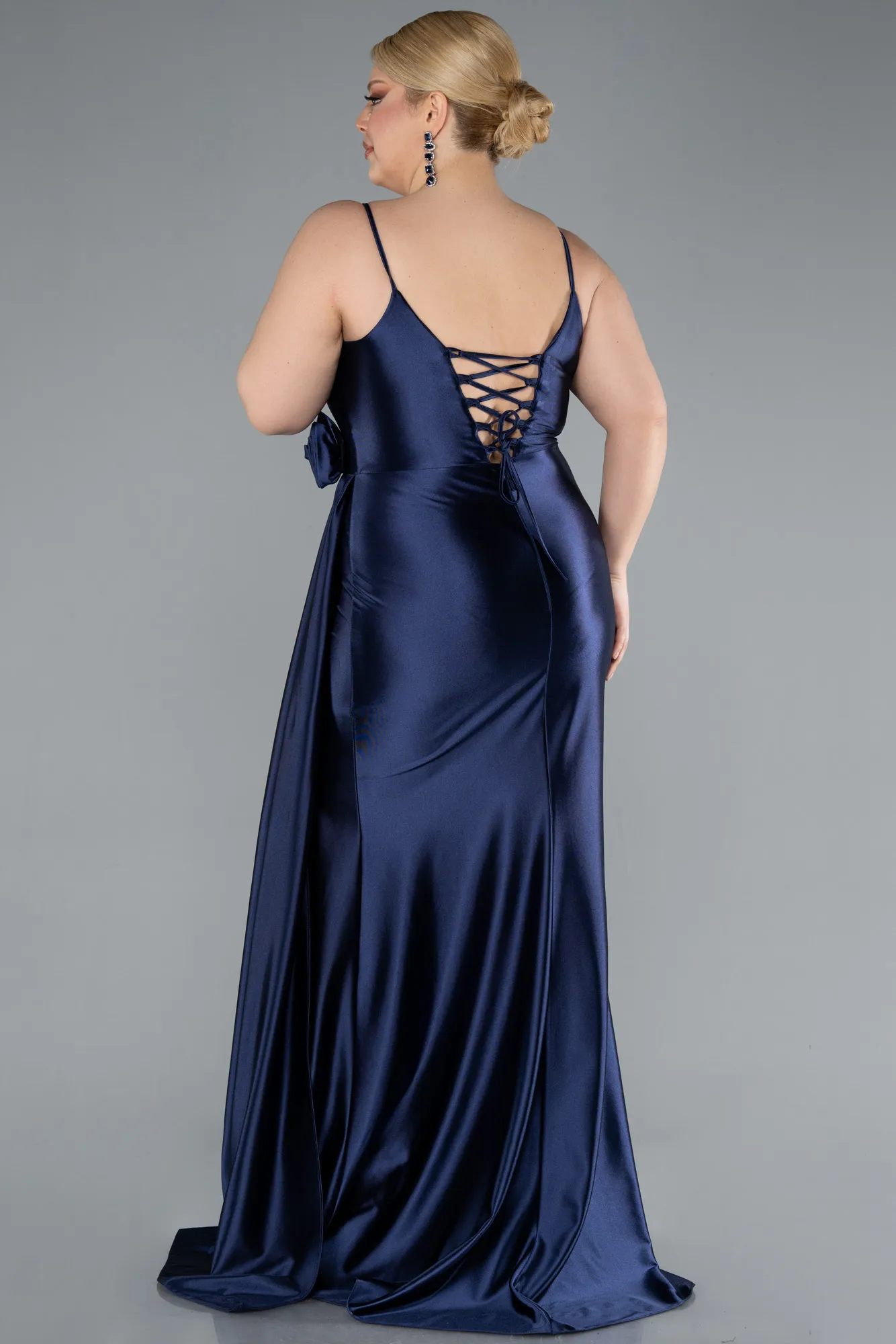 Navy Blue-Back And Leg Cleavage Long Satin Plus Size Prom Gown ABU4815