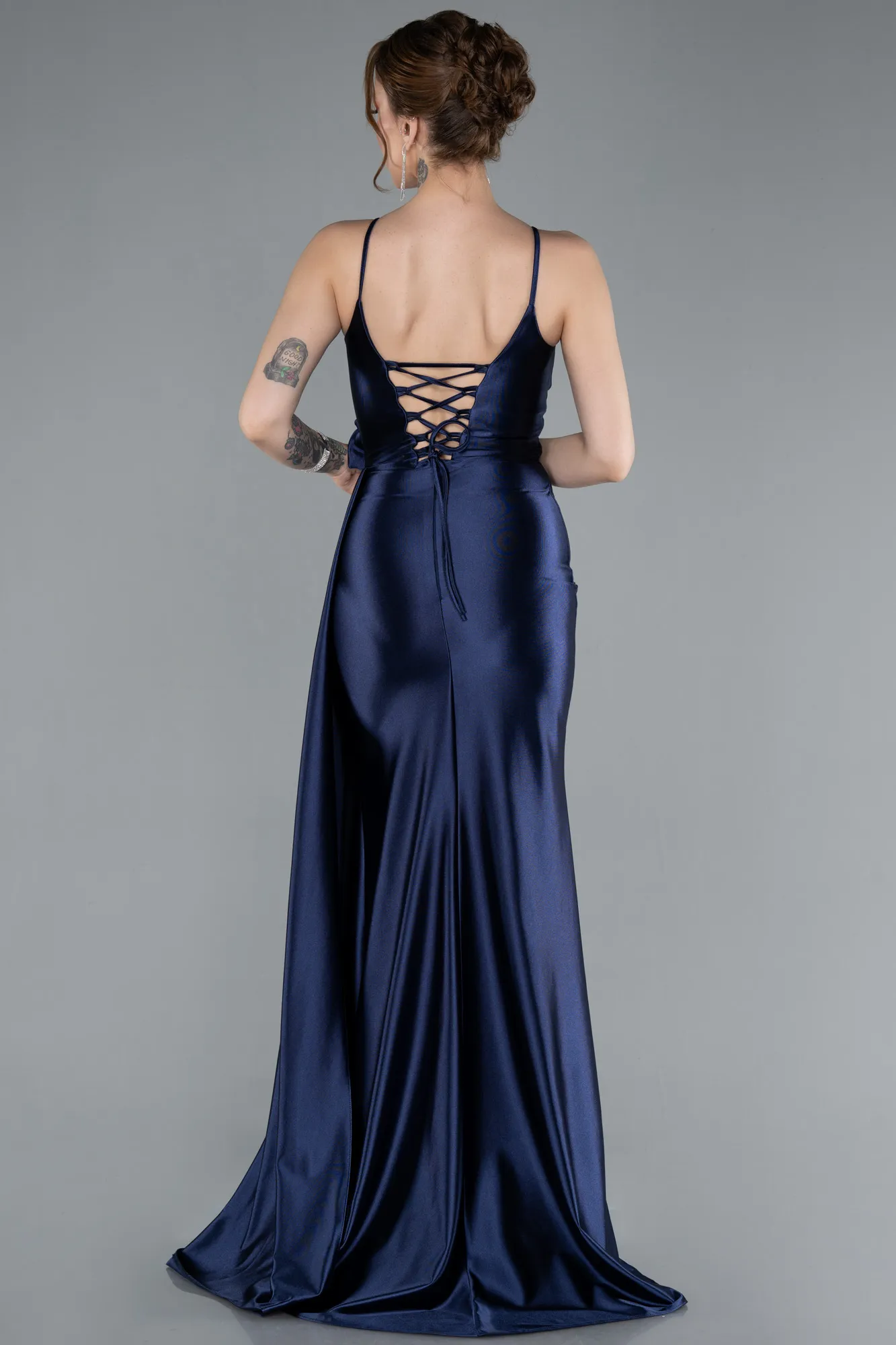 Navy Blue-Back And Leg Cleavage Long Satin Prom Gown ABU4814
