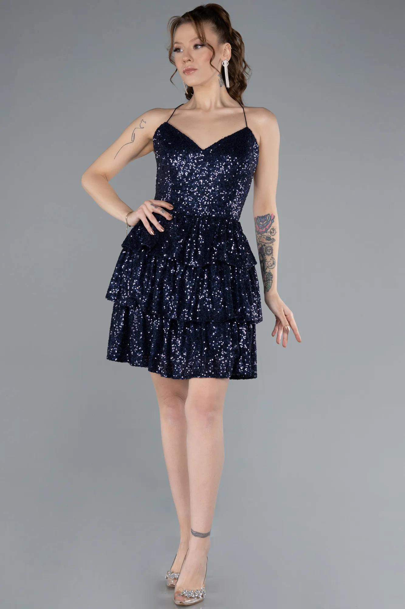 Navy Blue-Backless Mini Sequin Party Dress ABK2270