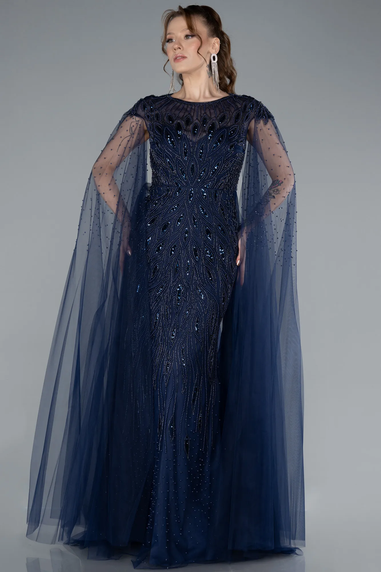 Navy Blue-Beaded Cape Long Haute Couture Dress ABU4707