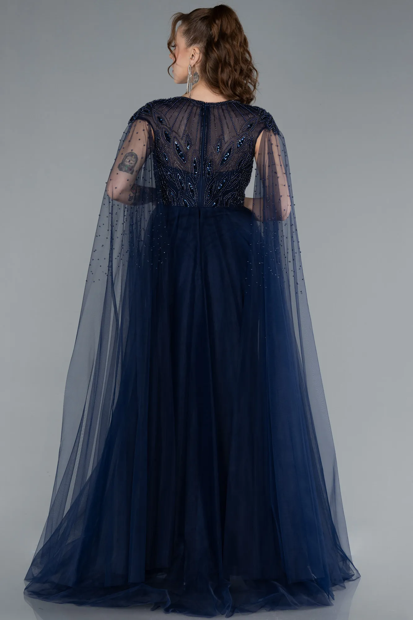 Navy Blue-Beaded Cape Long Haute Couture Dress ABU4707