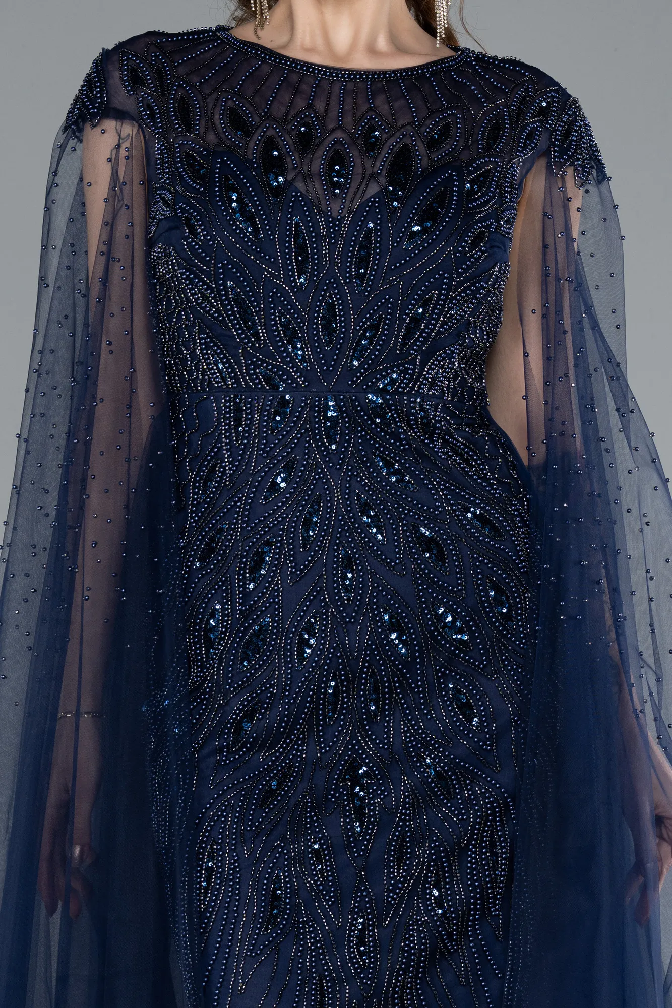 Navy Blue-Beaded Cape Long Haute Couture Dress ABU4707