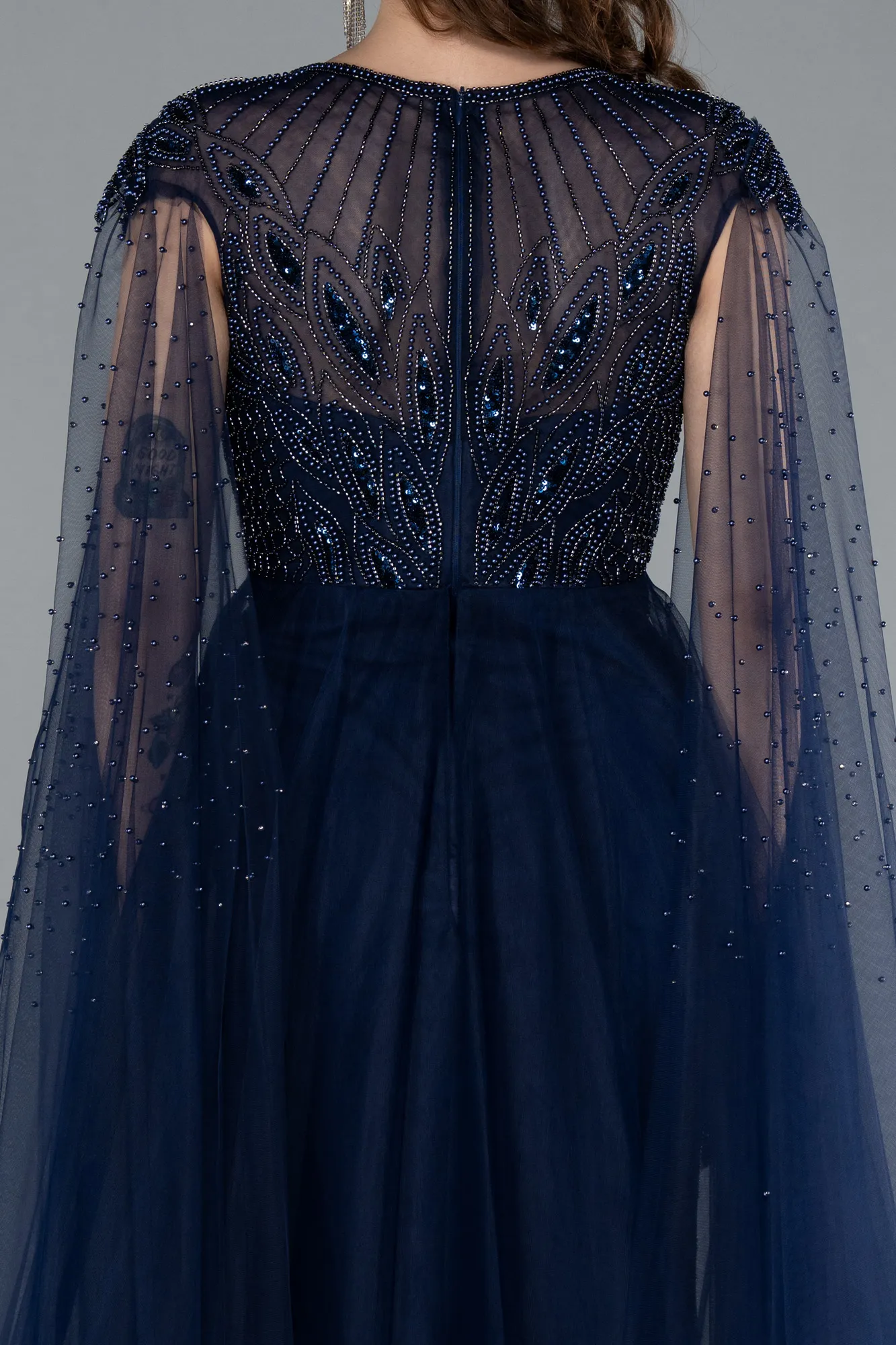 Navy Blue-Beaded Cape Long Haute Couture Dress ABU4707