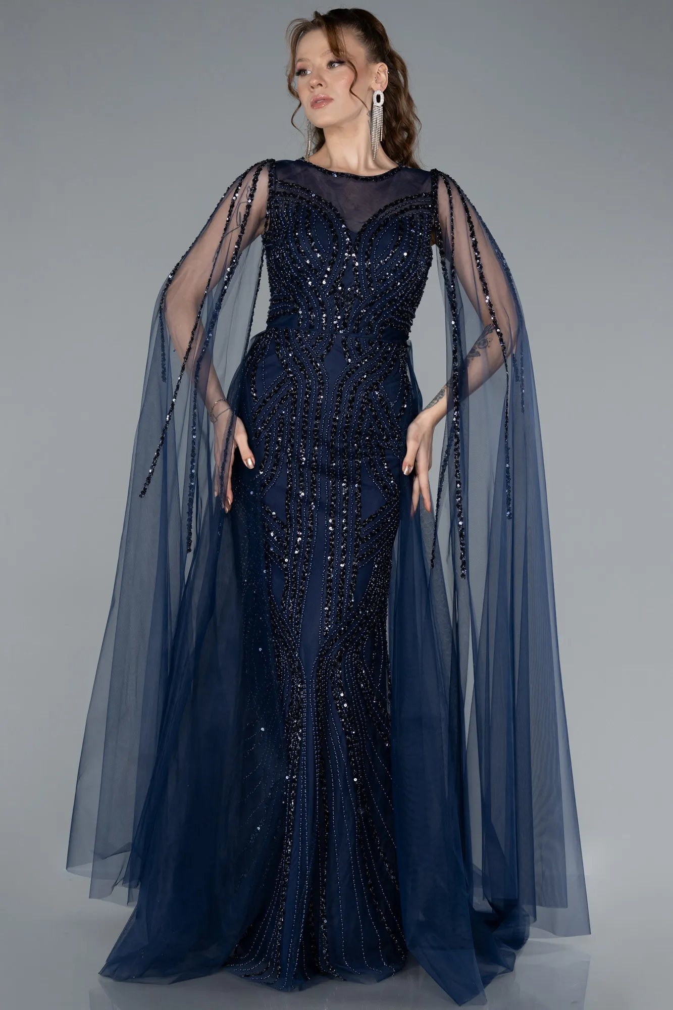 Navy Blue-Beaded Cape Long Haute Couture Dress ABU4709