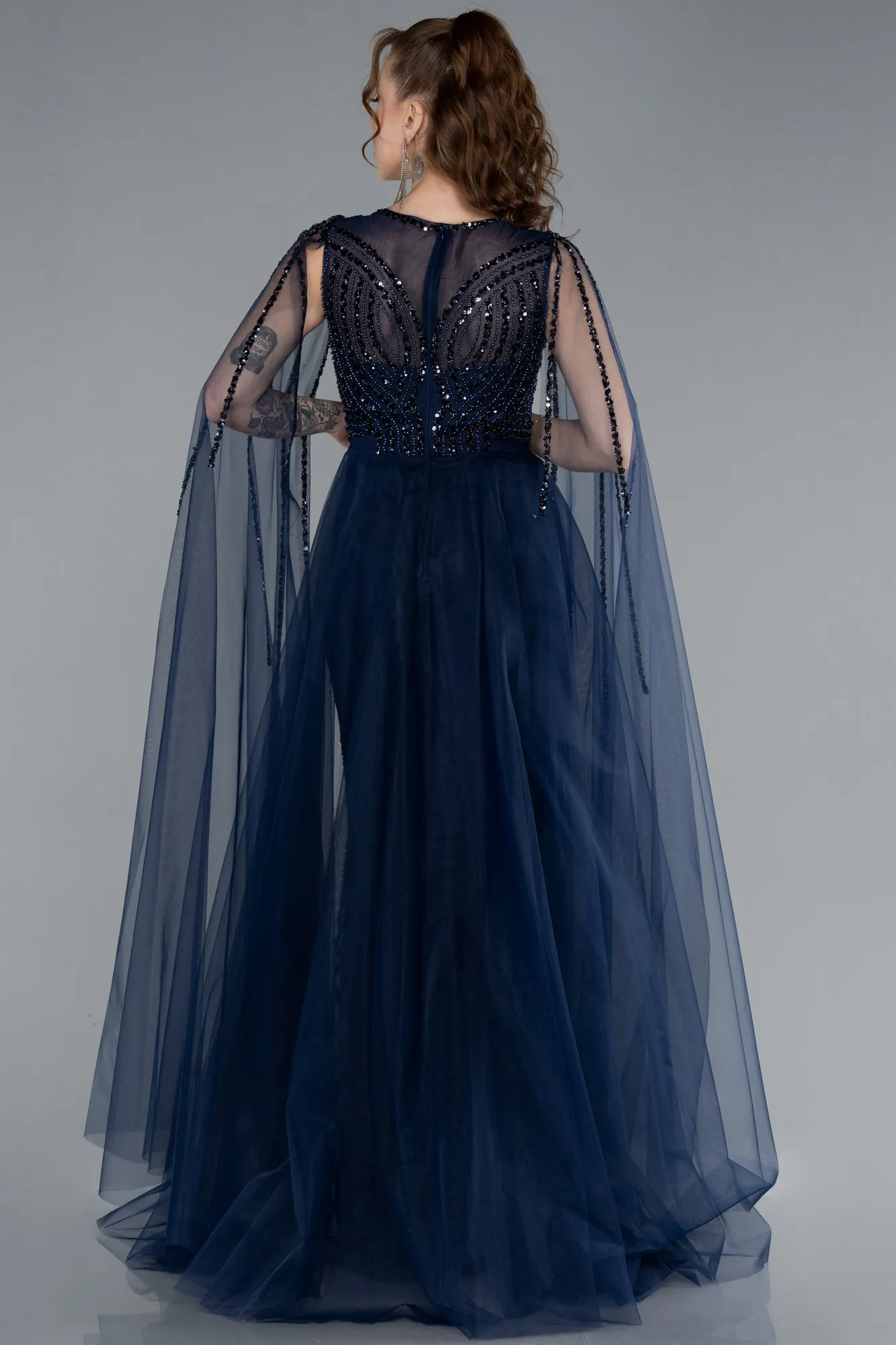 Navy Blue-Beaded Cape Long Haute Couture Dress ABU4709