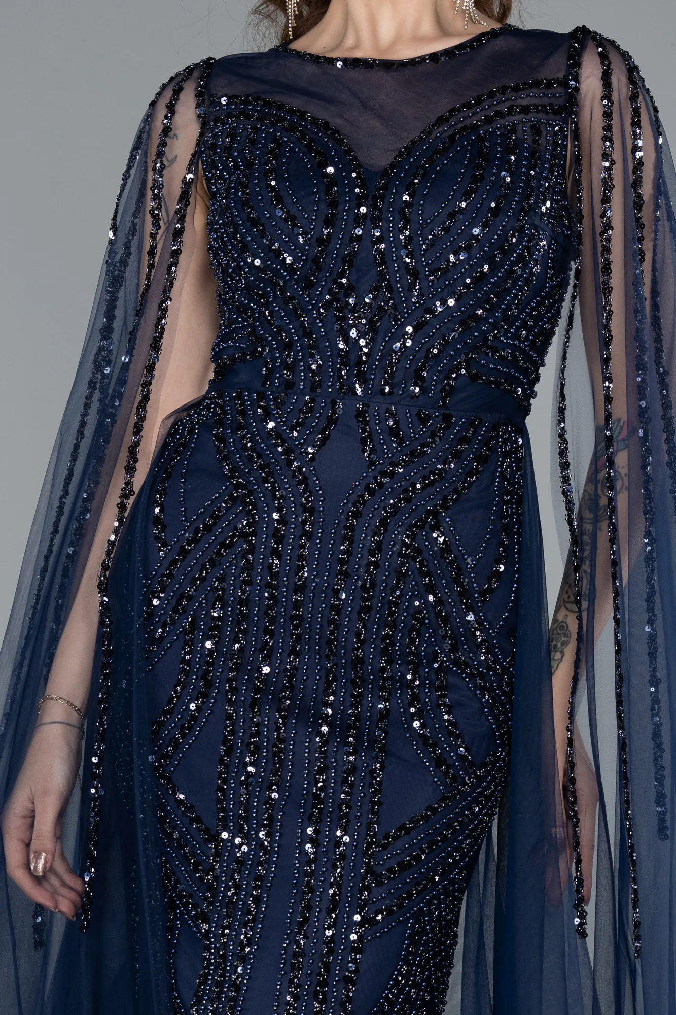 Navy Blue-Beaded Cape Long Haute Couture Dress ABU4709