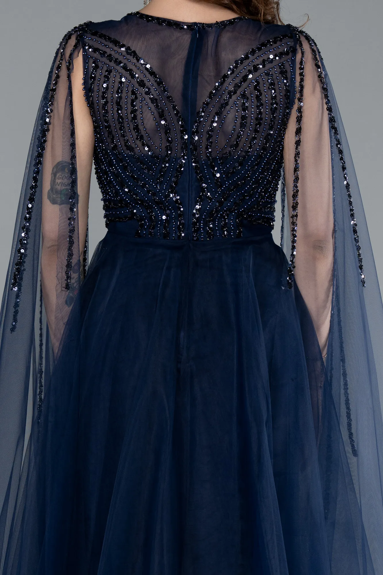 Navy Blue-Beaded Cape Long Haute Couture Dress ABU4709