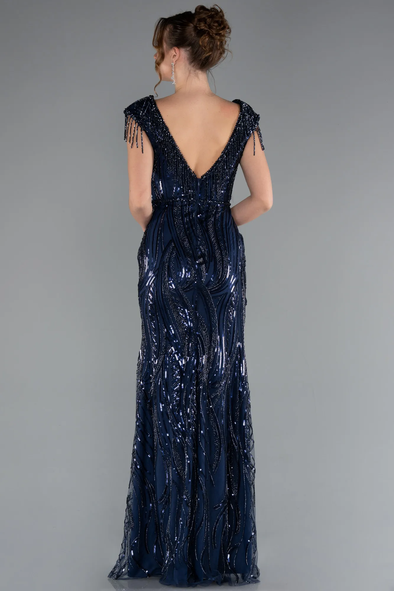 Navy Blue-Beaded Detailed V Neck Long Sequined Evening Gown ABU5576