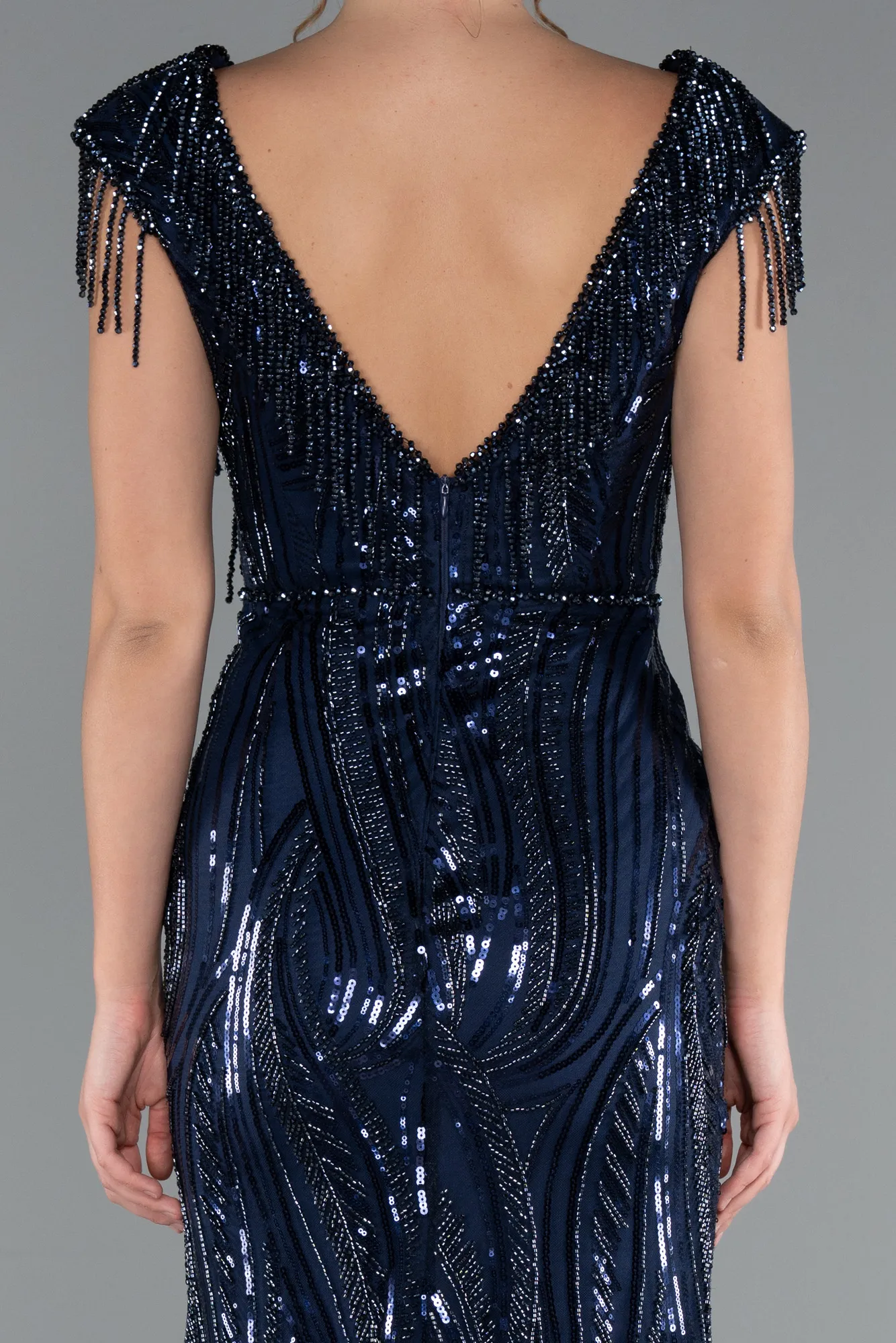 Navy Blue-Beaded Detailed V Neck Long Sequined Evening Gown ABU5576