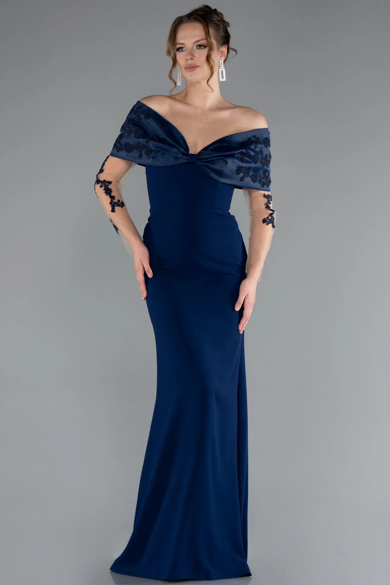 Navy Blue-Boat Neck Guipure Long Sleeve Fishtail Evening Dress ABU4343
