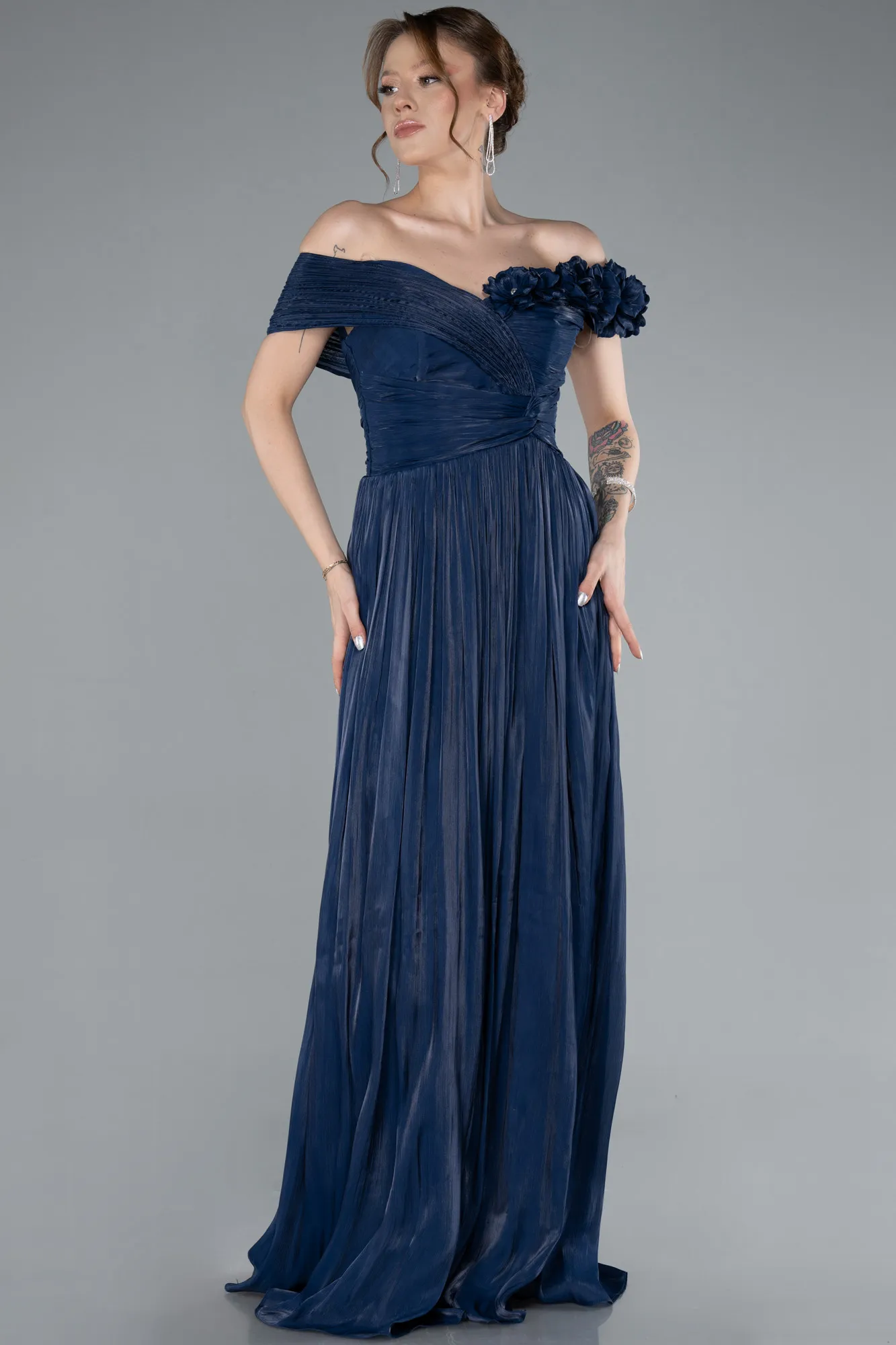 Navy Blue-Boat Neck Long Chiffon Evening Dress ABU4807
