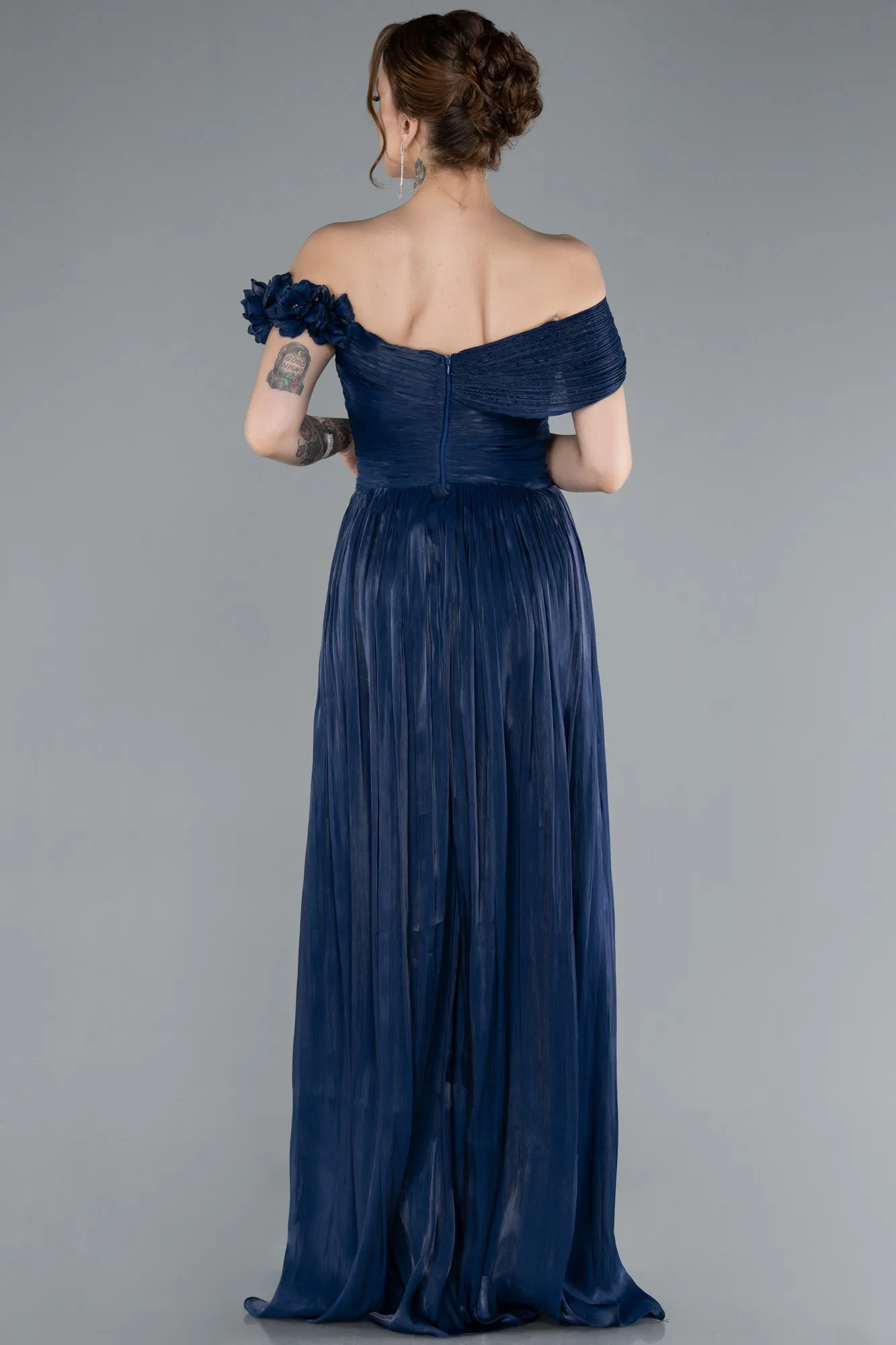 Navy Blue-Boat Neck Long Chiffon Evening Dress ABU4807