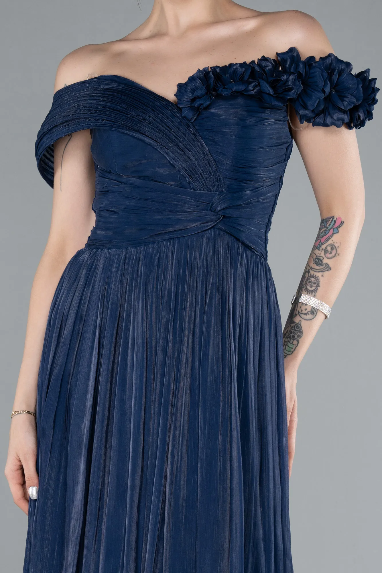 Navy Blue-Boat Neck Long Chiffon Evening Dress ABU4807