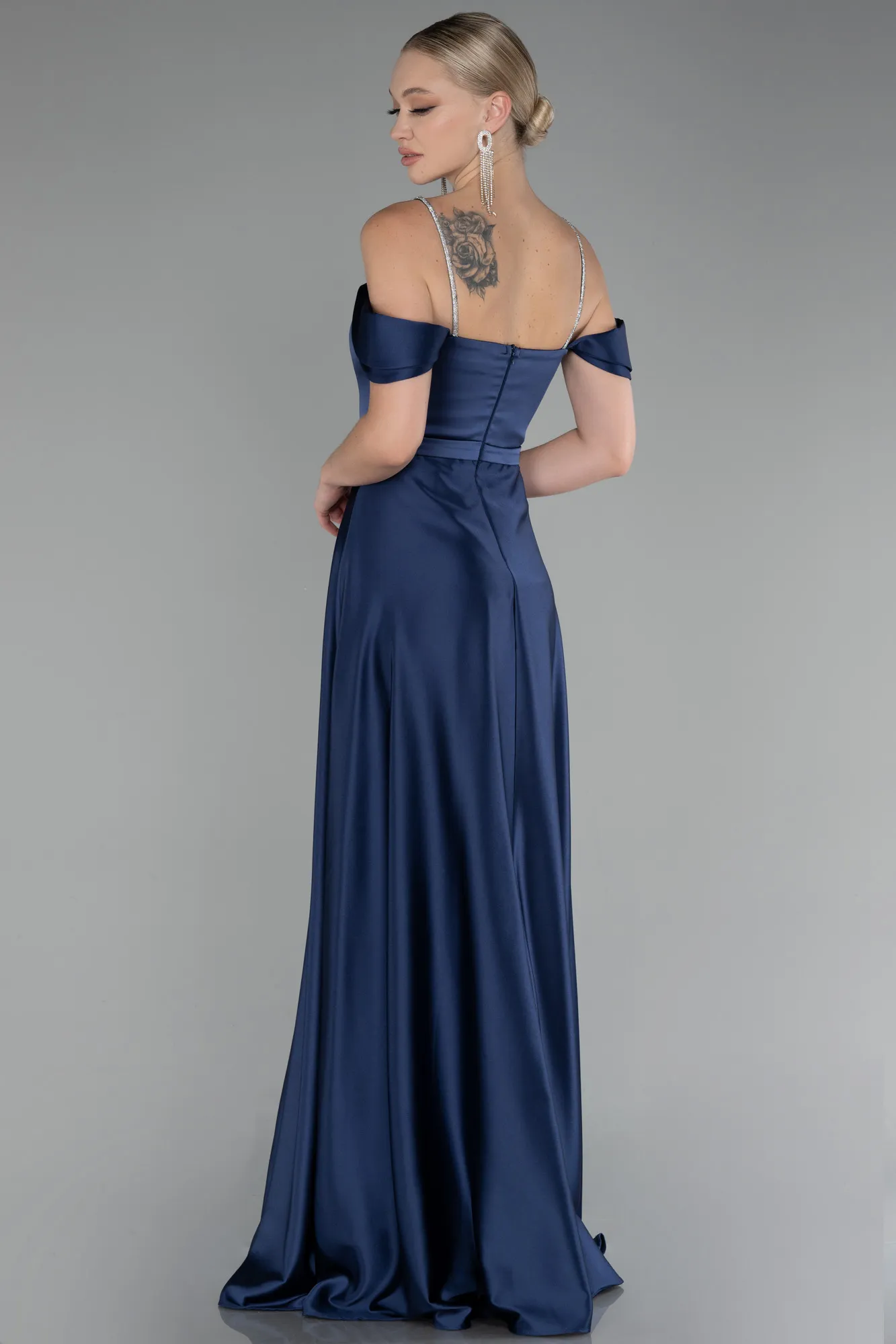 Navy Blue-Boat Neck Long Satin Prom Dress ABU4122