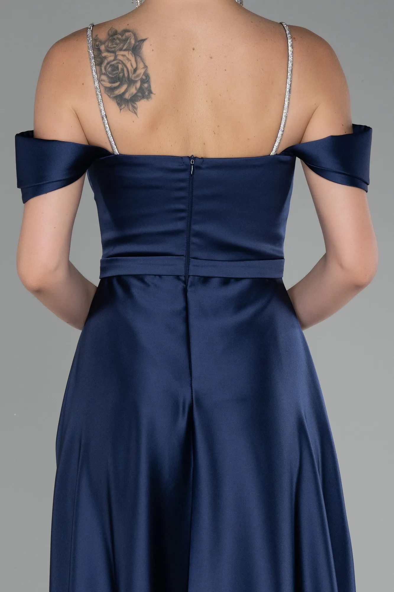 Navy Blue-Boat Neck Long Satin Prom Dress ABU4122