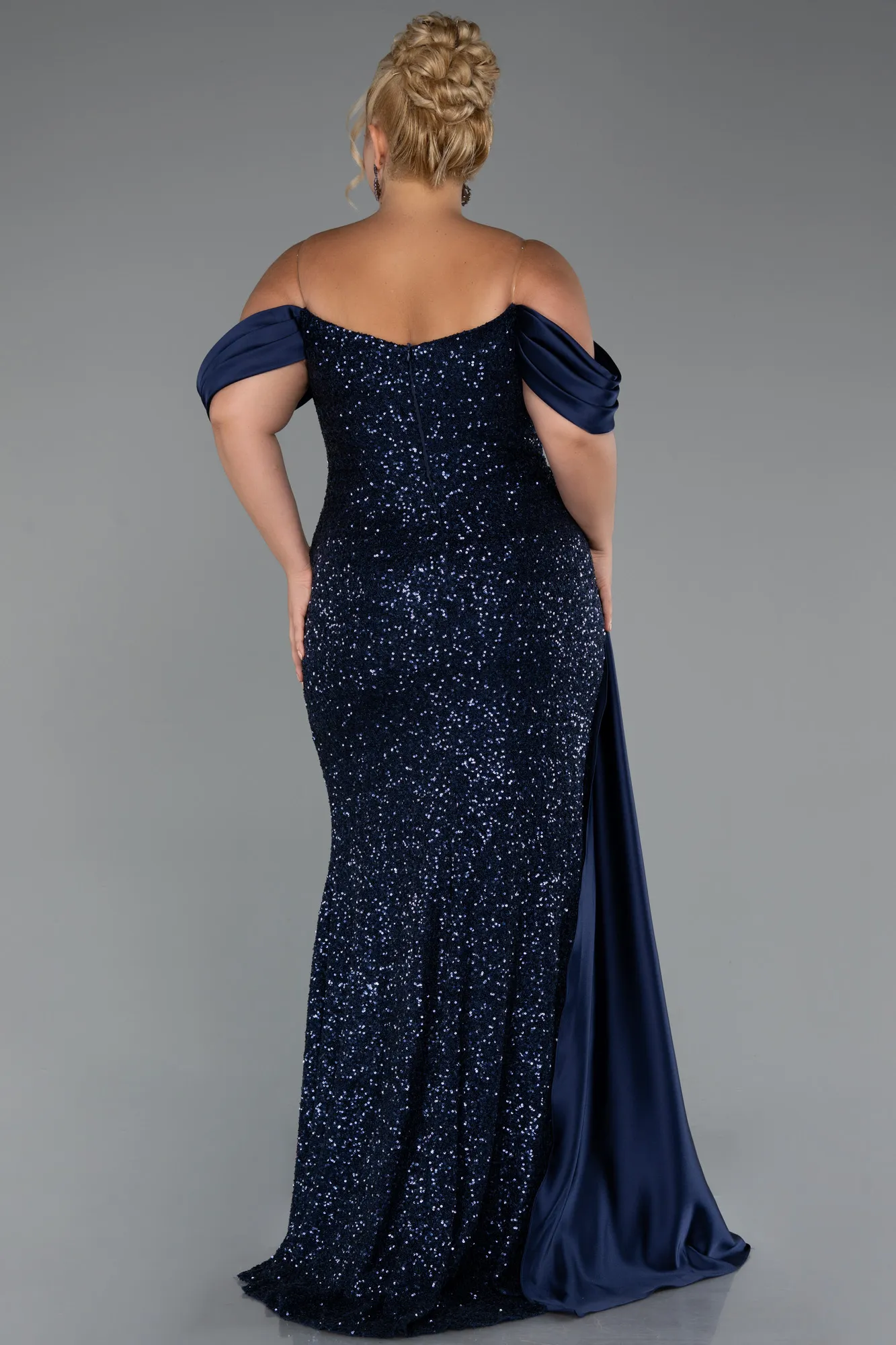 Navy Blue-Boat Neck Long Sequined Plus Size Evening Gown ABU4086